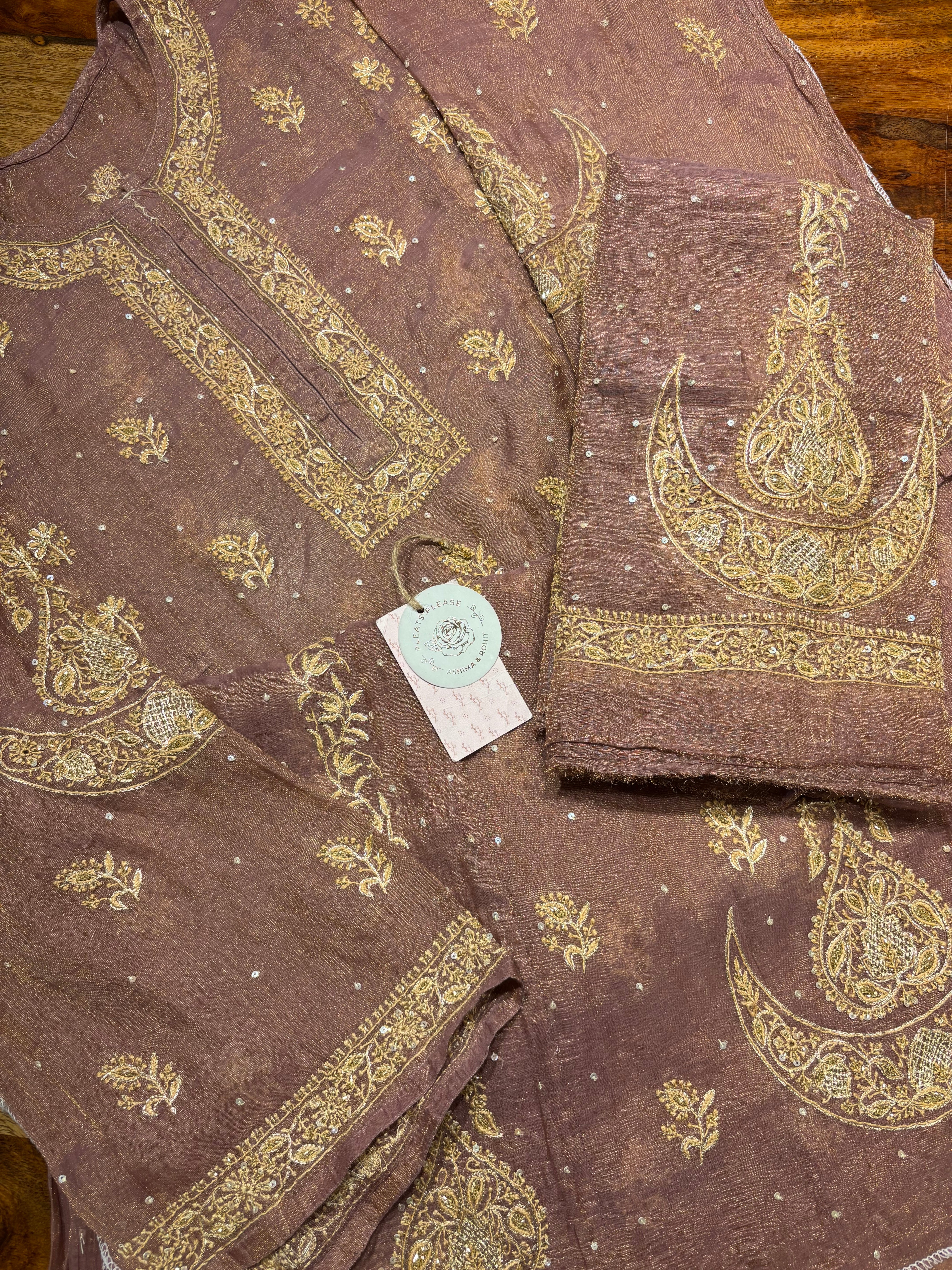 Garnet Pure and Premium Tissue Chikankari Aline Anarkali & Dupatta Set