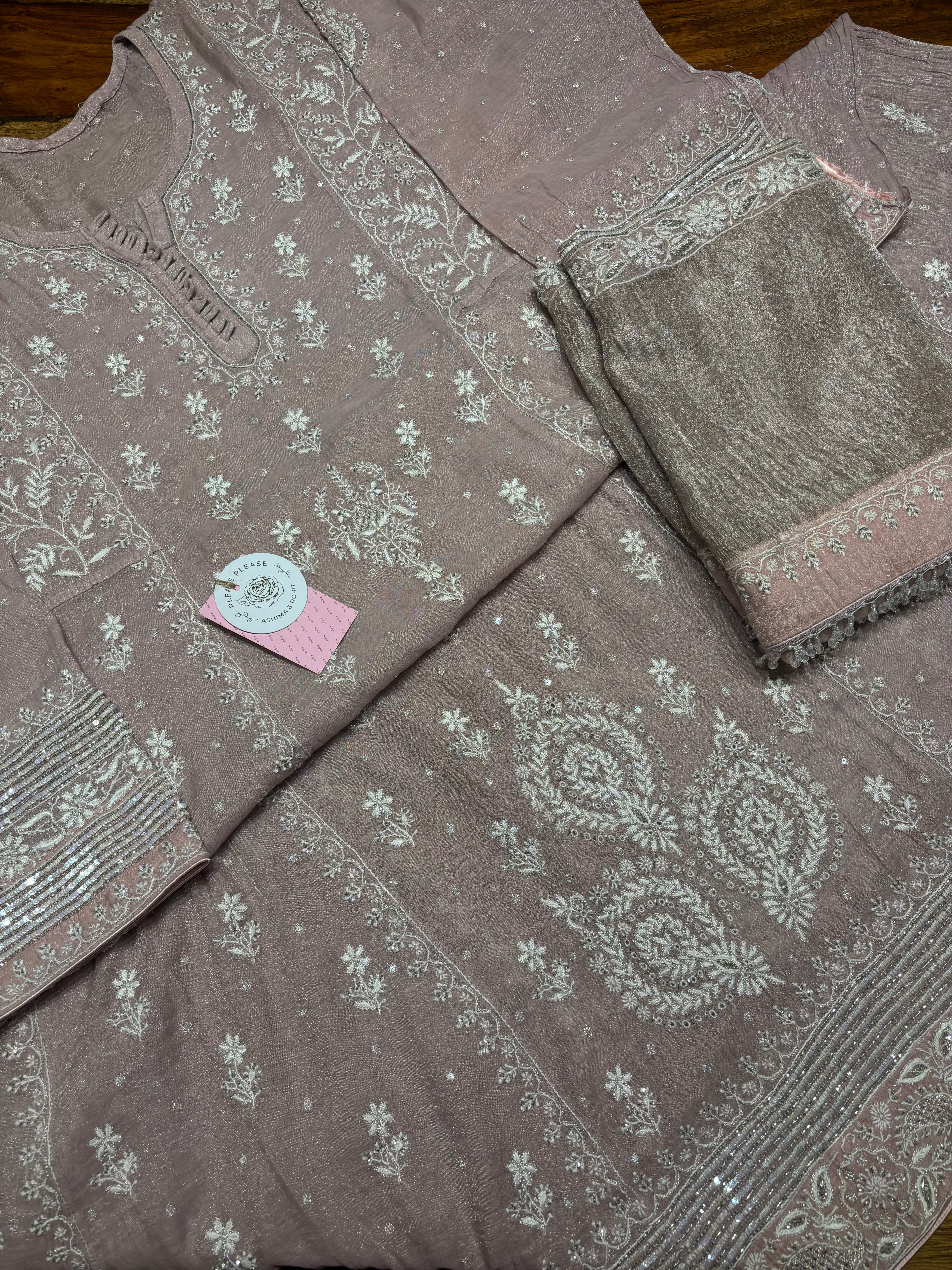 Lilac Pure & Premium Silver Tissue Chikankari Anarkali & Dupatta Set