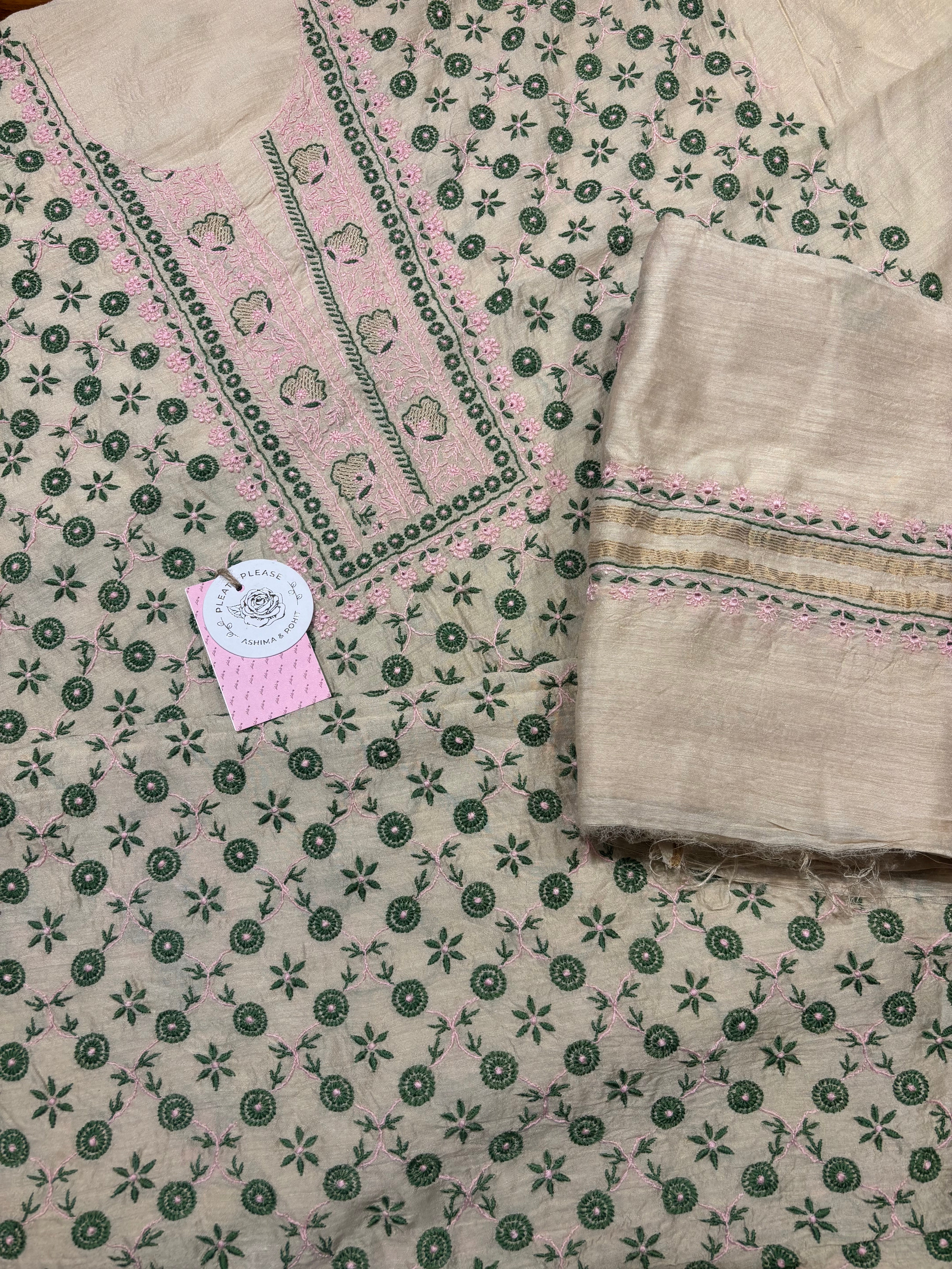 Dyeable Pure and Premium Monga Silk Chikankari Kurta and Dupatta Fabric