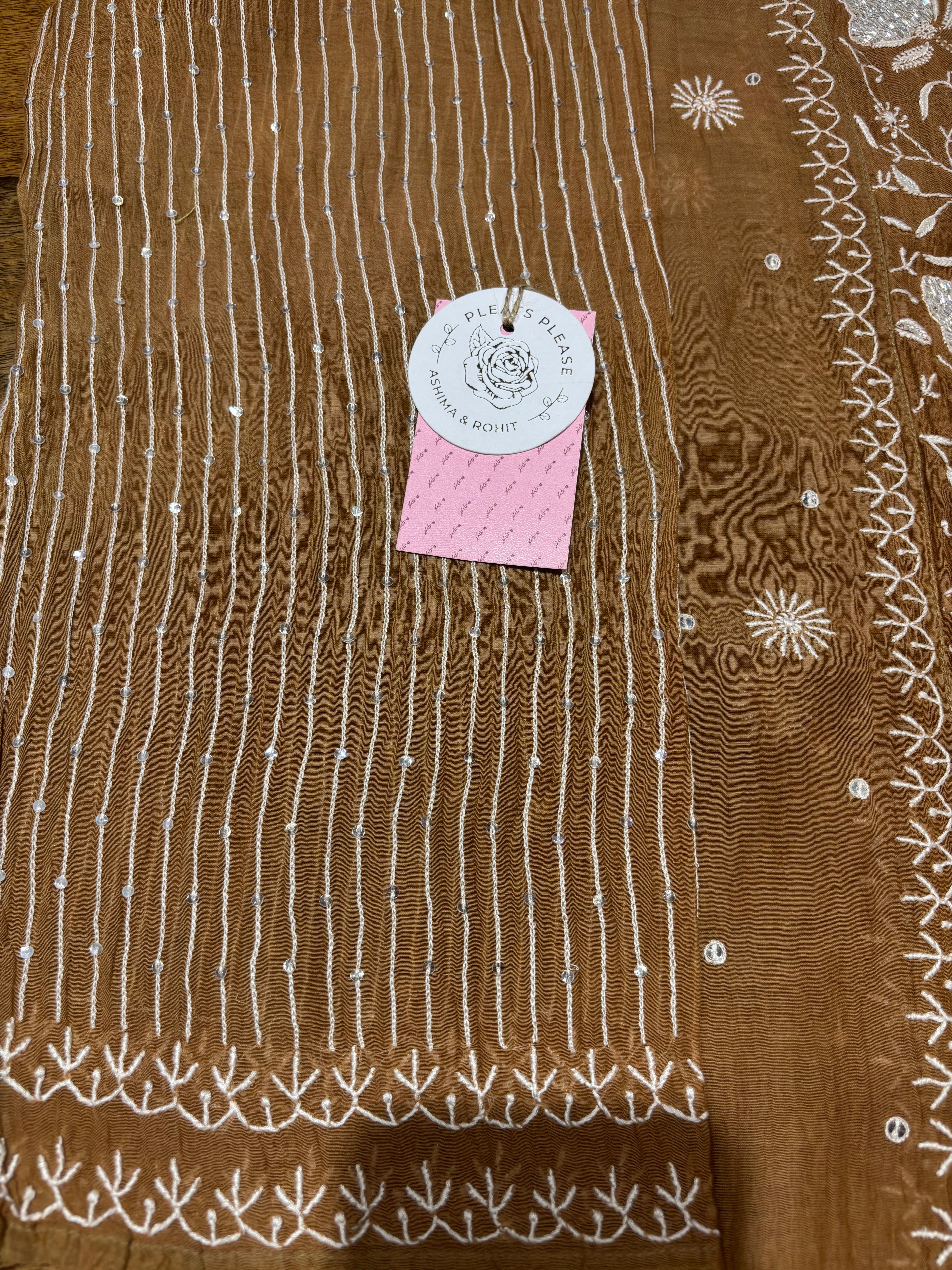 Chocolate Brown Chanderi Mul Chikankari Kurta & Dupatta Set