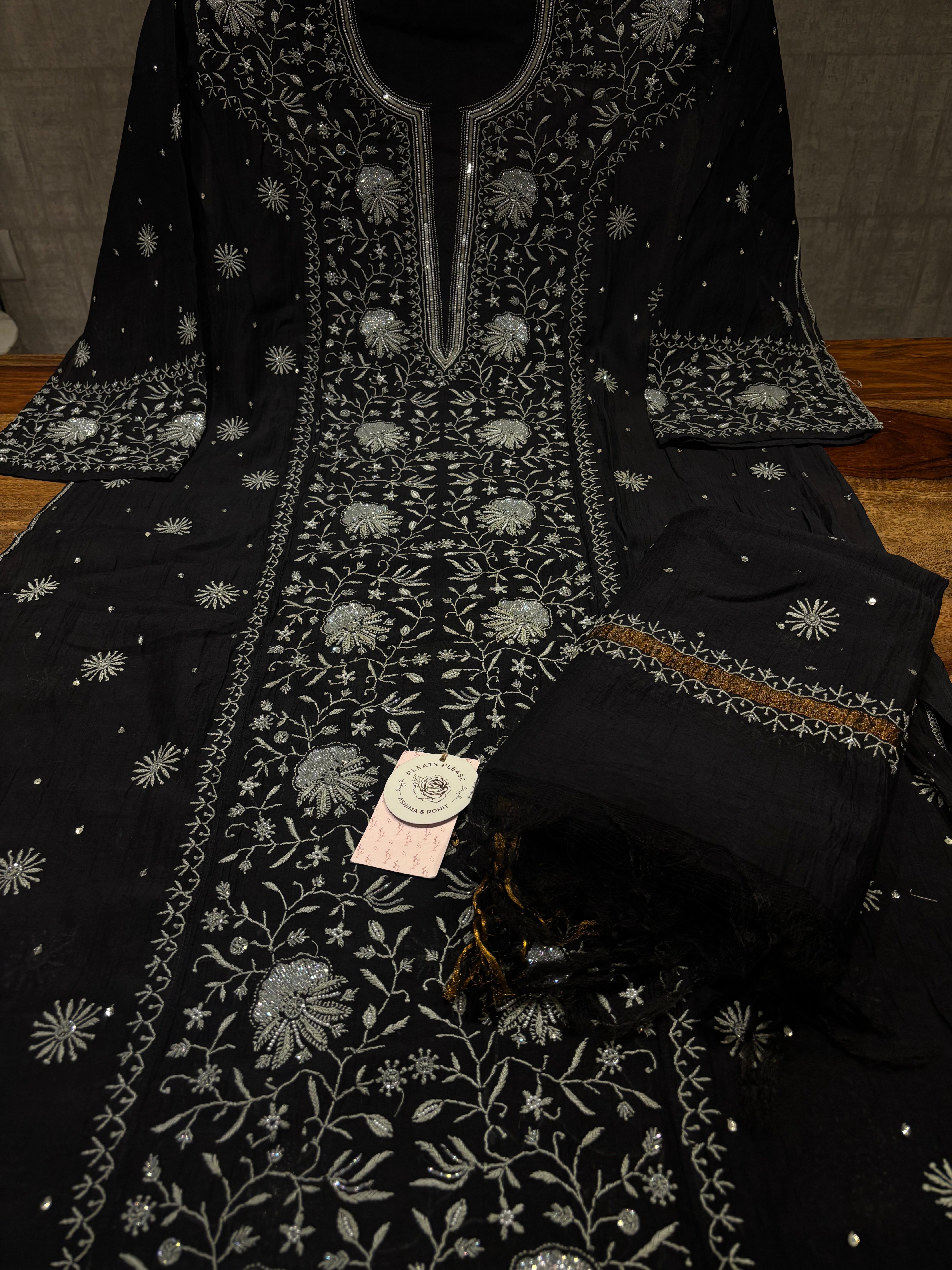 Black Chanderi Mul Chikankari Kurta & Dupatta Set