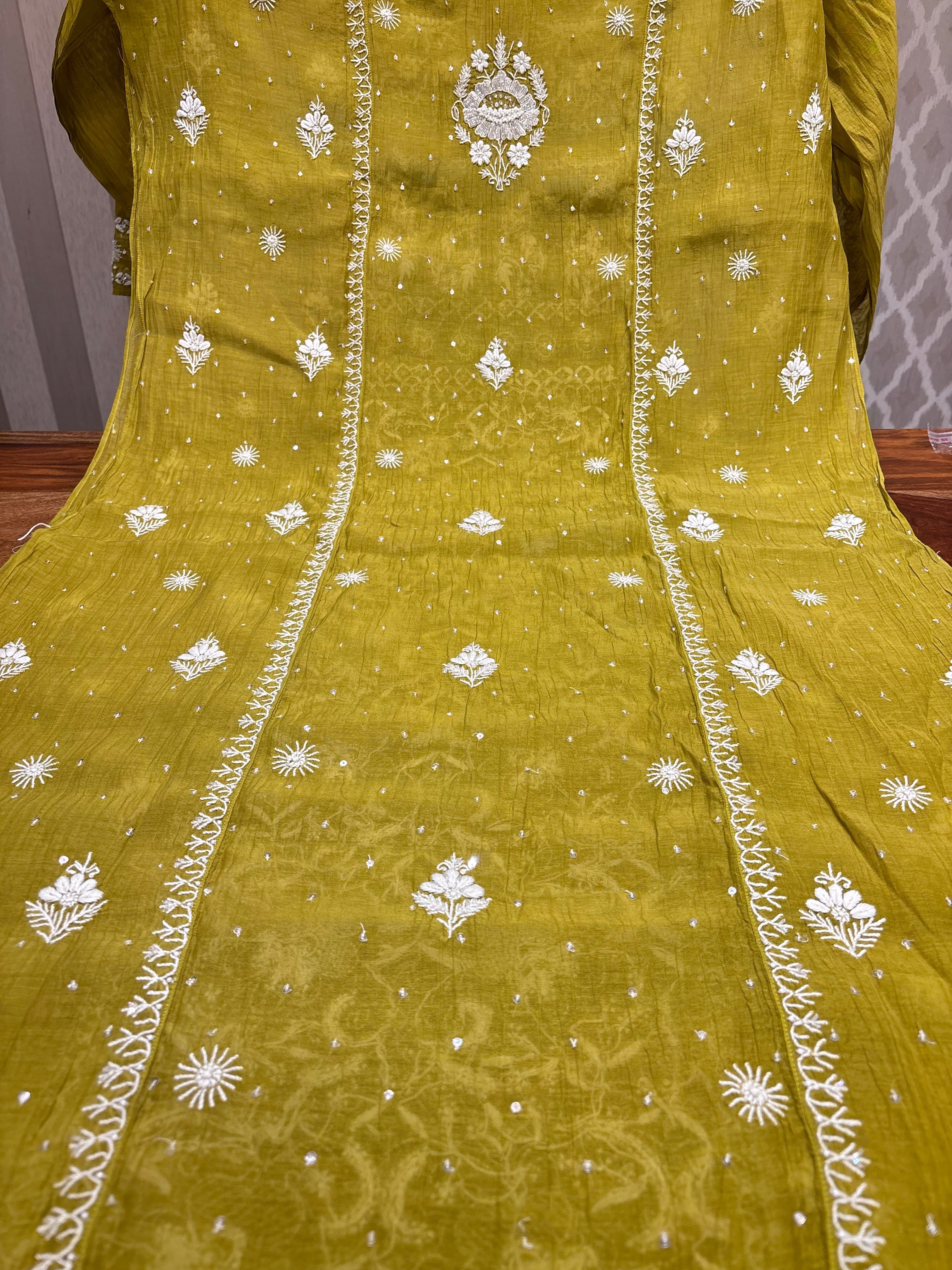 Olive Green Chanderi Mul Chikankari Kurta and Dupatta