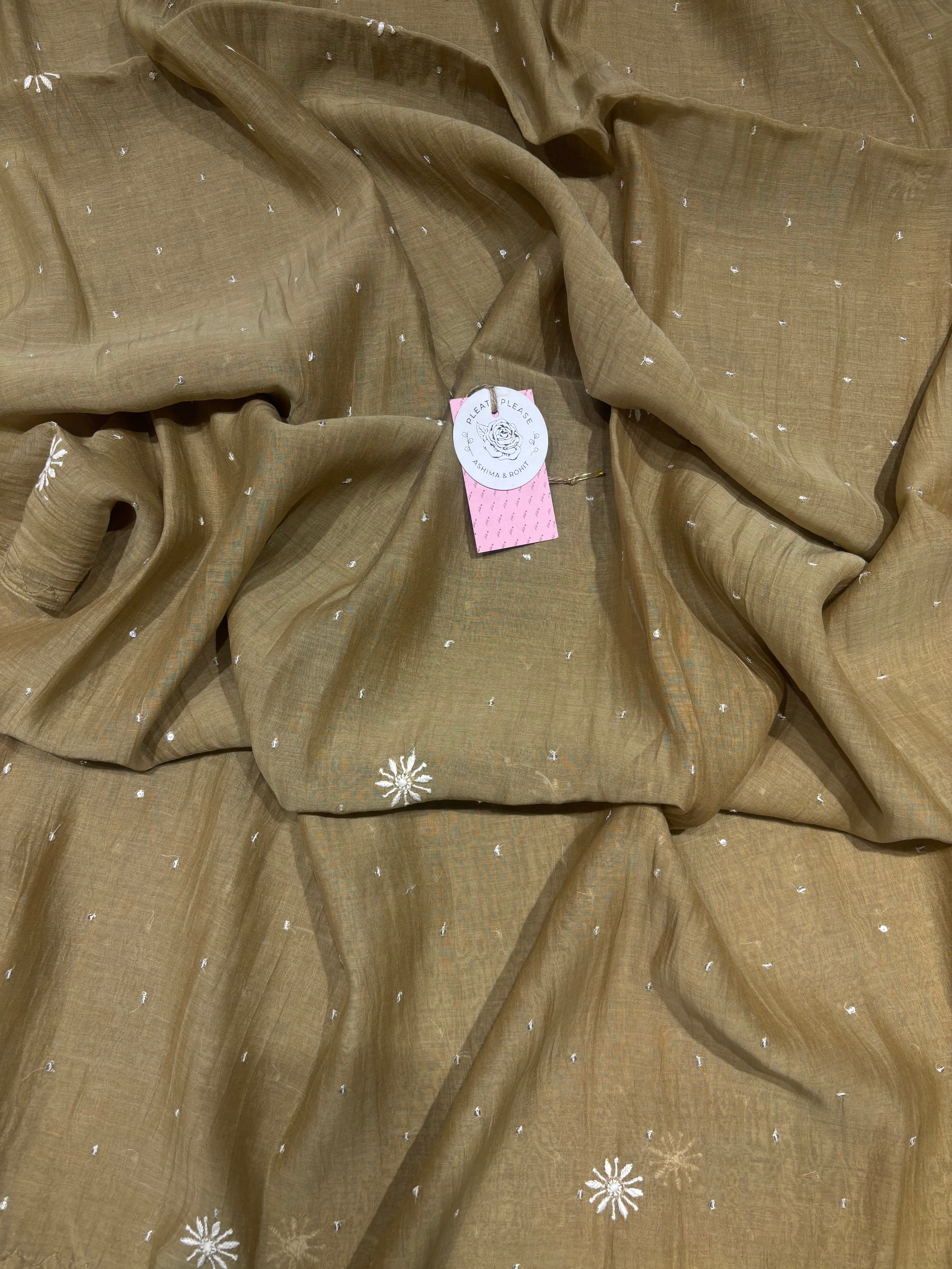 Military Green Chanderi Mul Chikankari Kurta and Dupatta Set