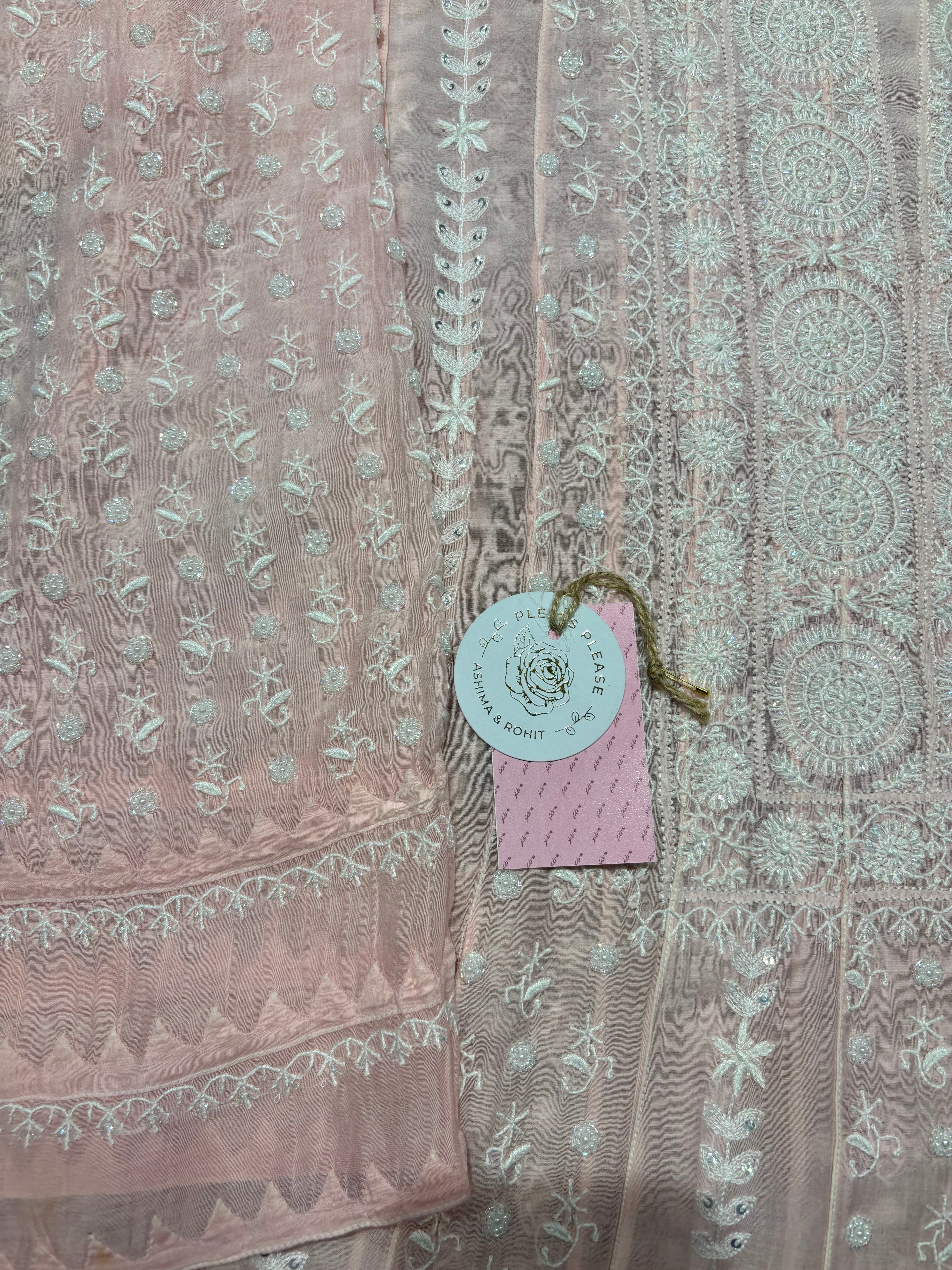 Pink Chanderi mul Chikankari Anarkali And Dupatta set
