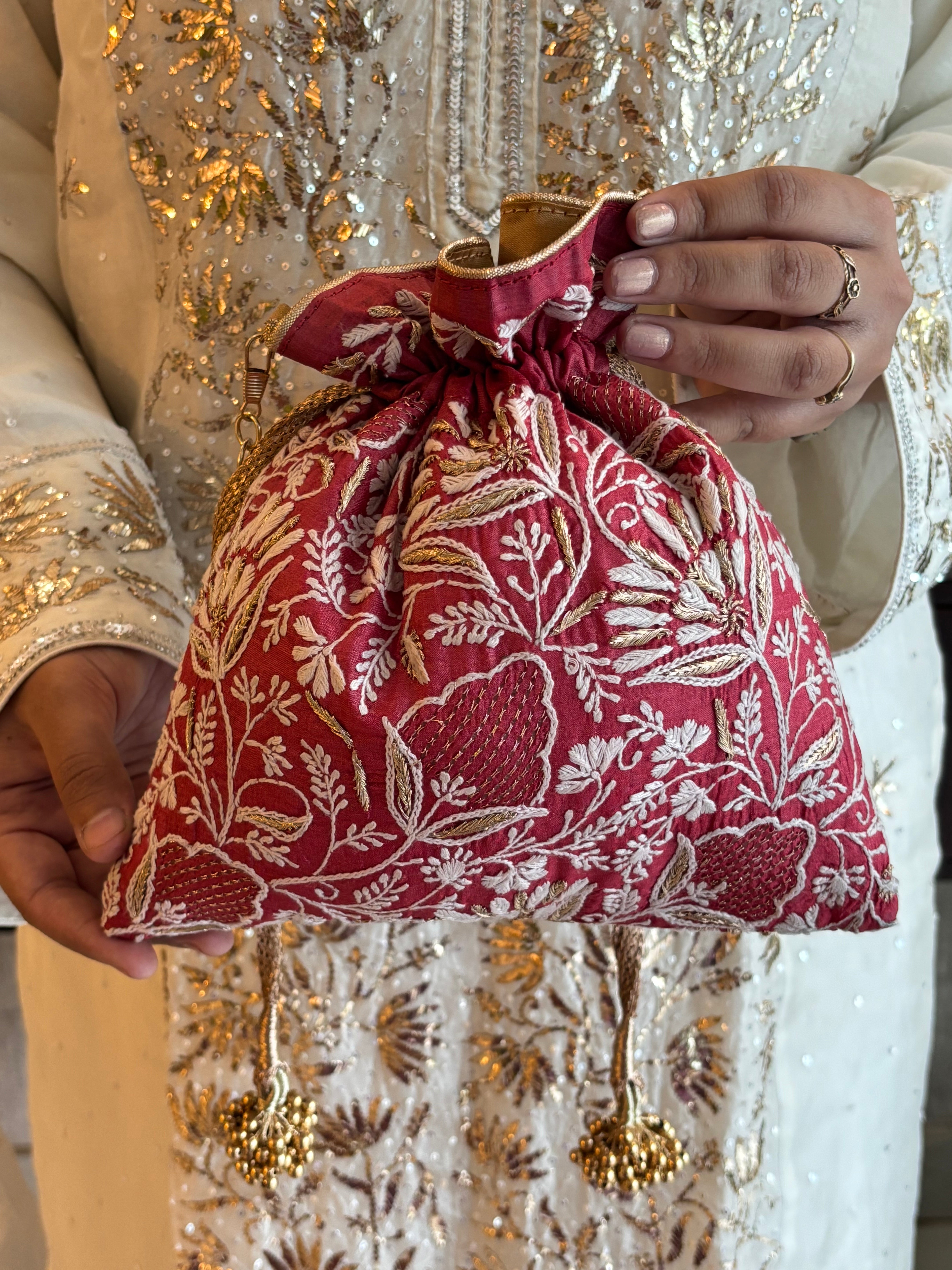 Deep Red Silk Chikankari Potli
