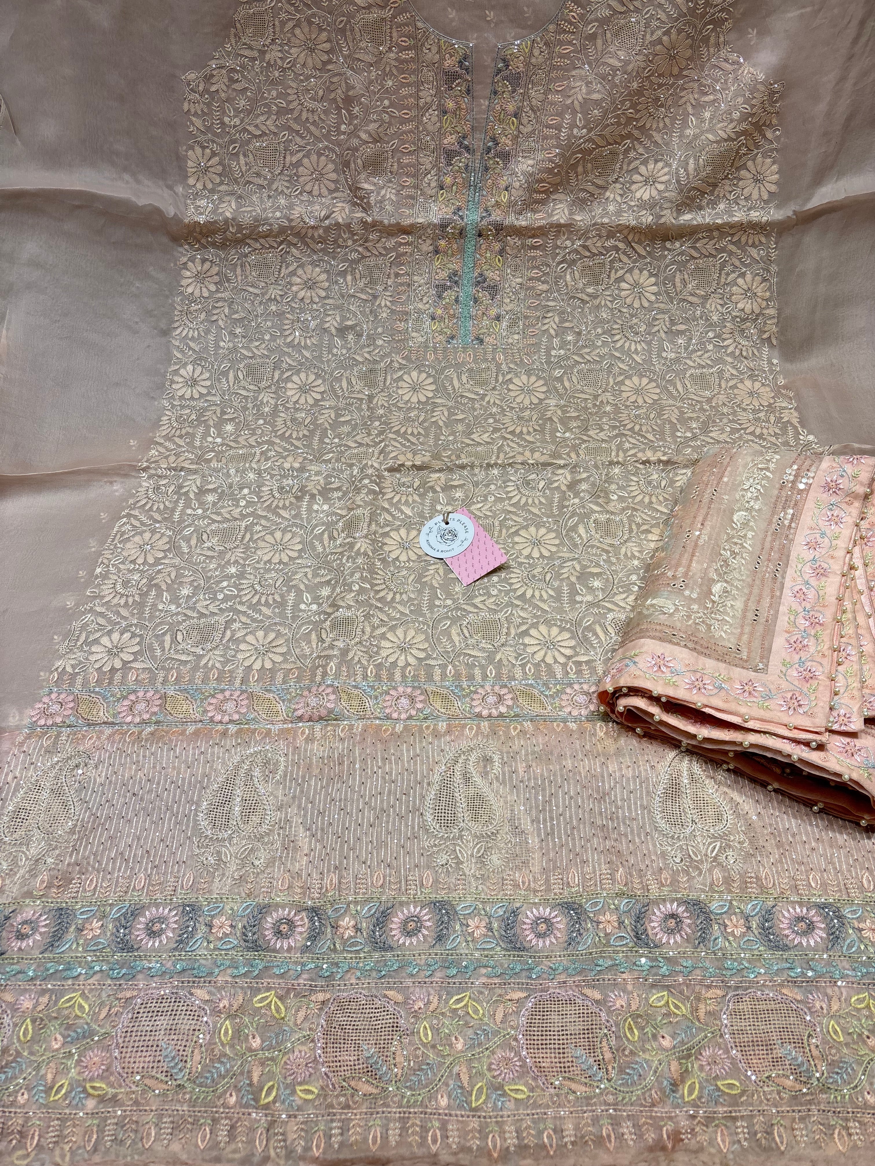 Peach Pure & Premium Organza Silk Chikankari Kurta & Dupatta Fabric