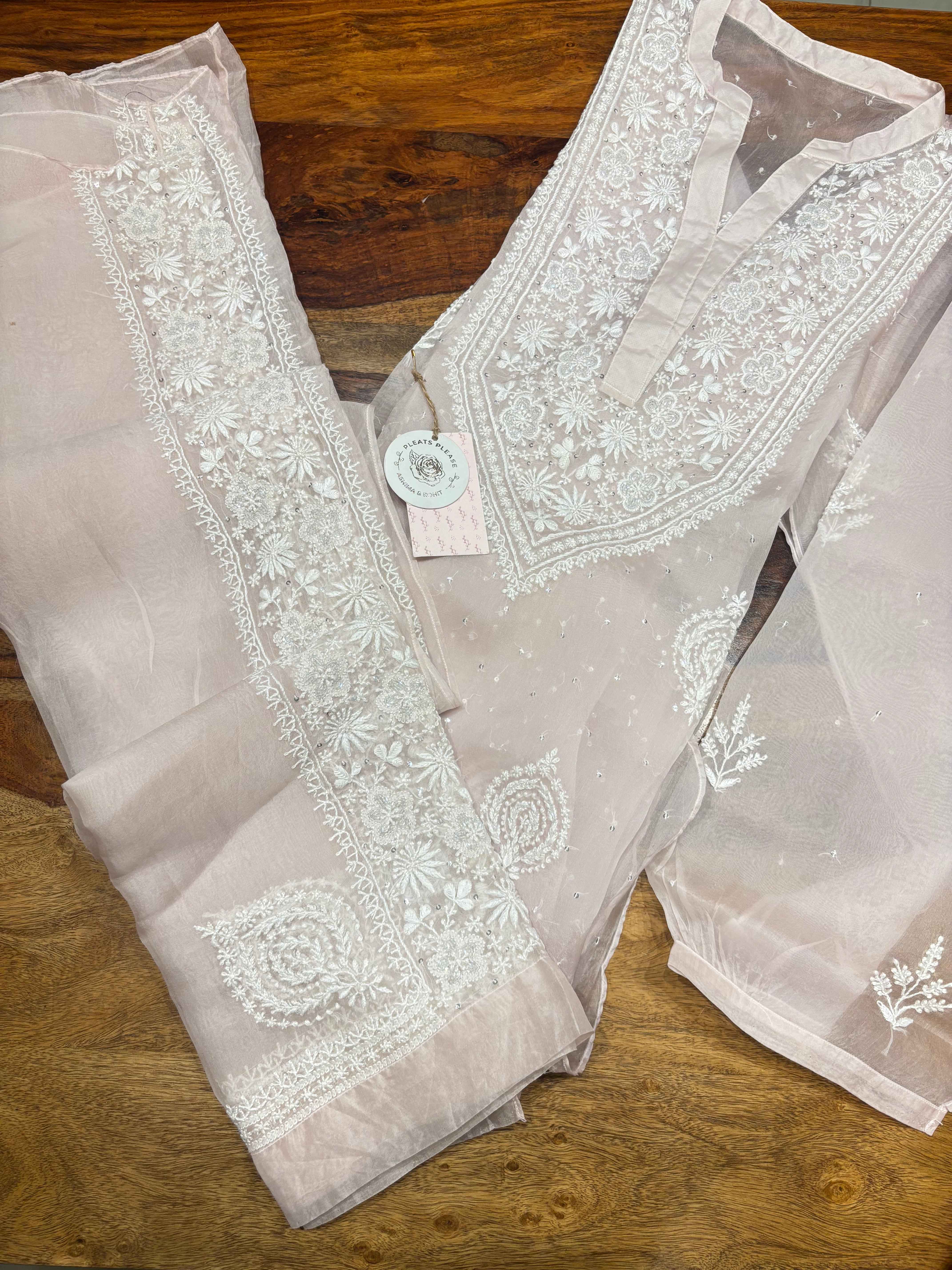 Soft Pink Organza Chikankari Co-ord Set - Pleats PleaseChikankari