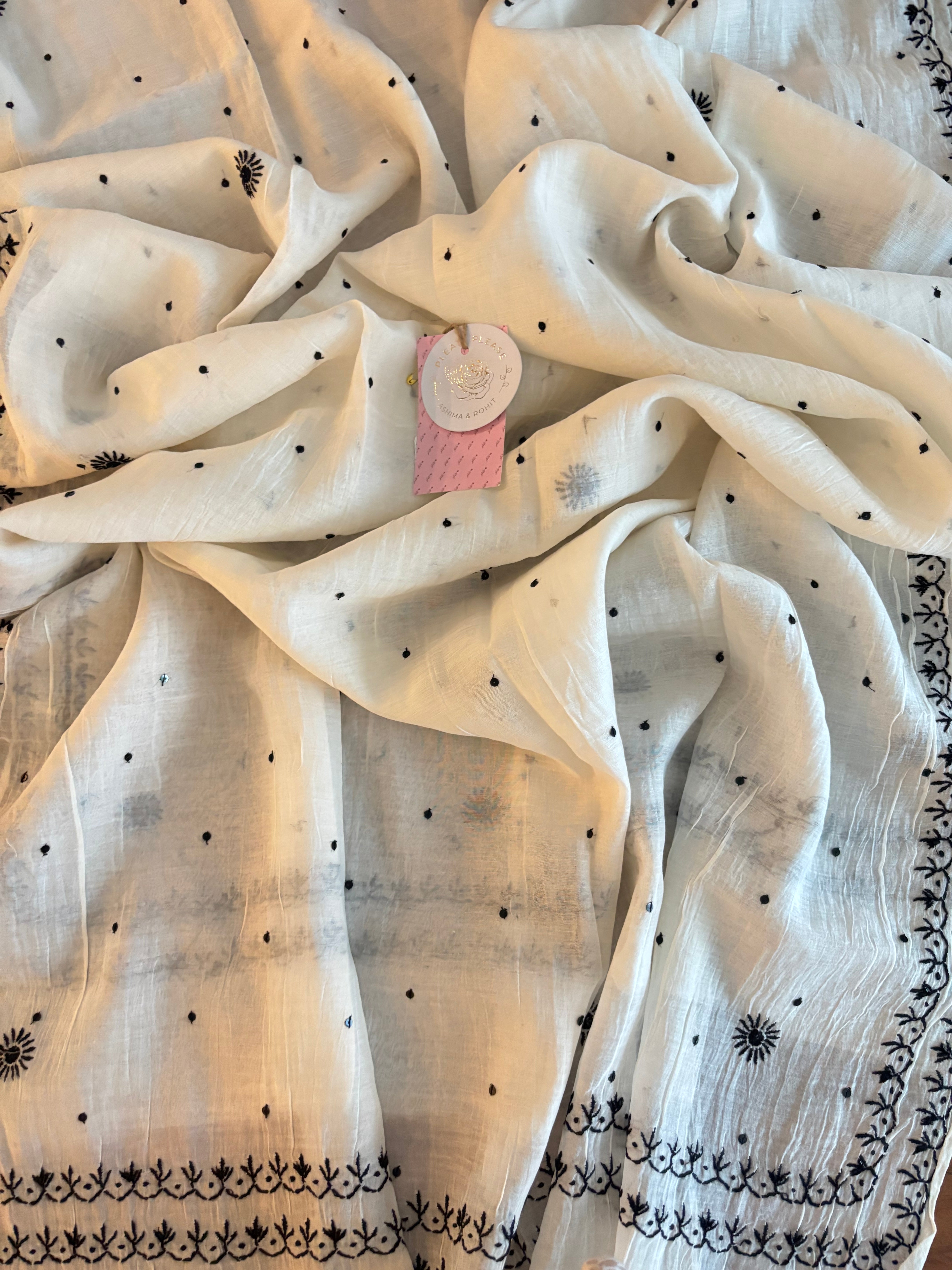 Dyeable Black & White Chanderi Chikankari Kurta & Dupatta