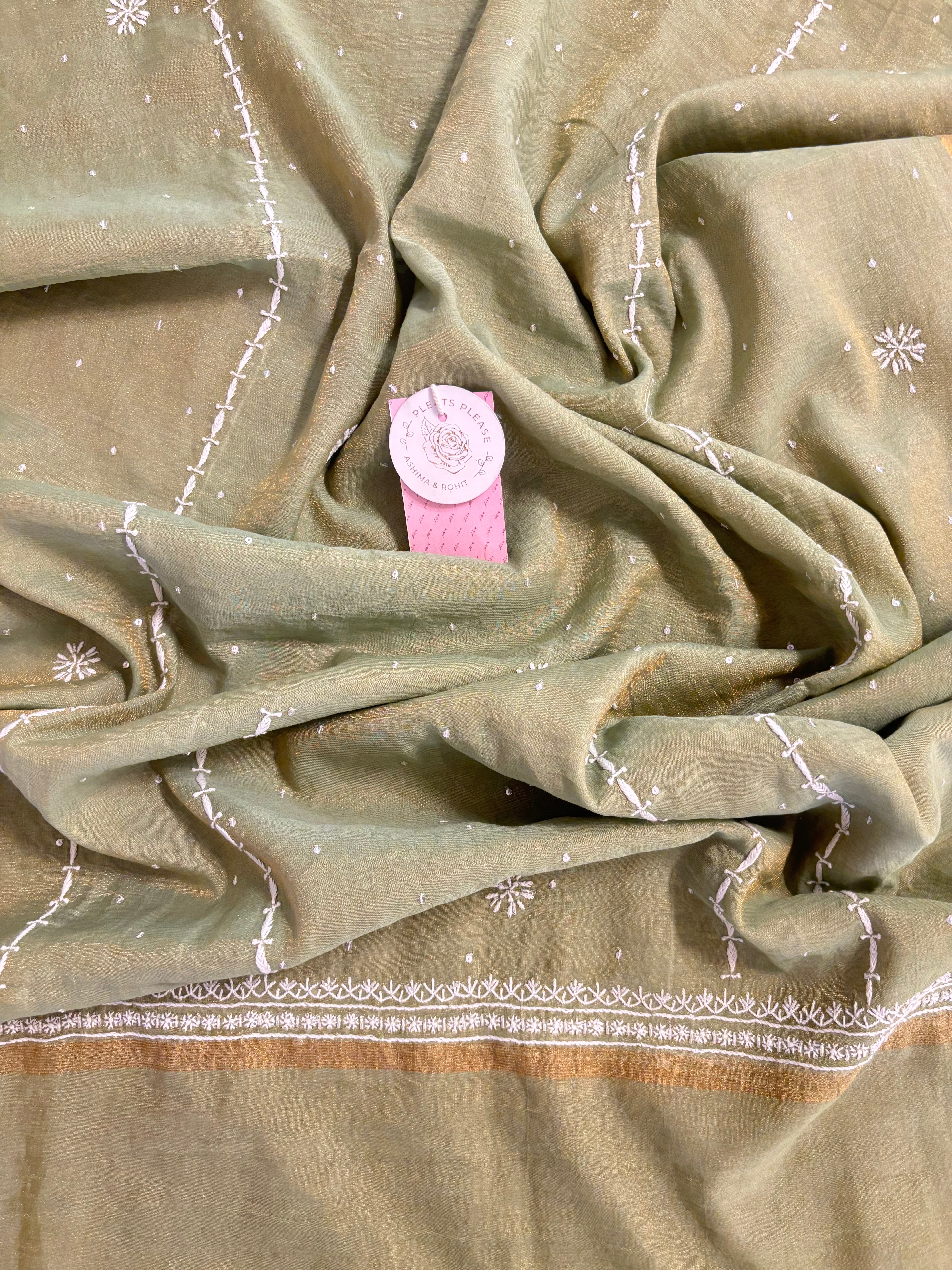 Olive Green Pure Tissue Chanderi Banarasi Silk Chikankari Kurta & Dupatta