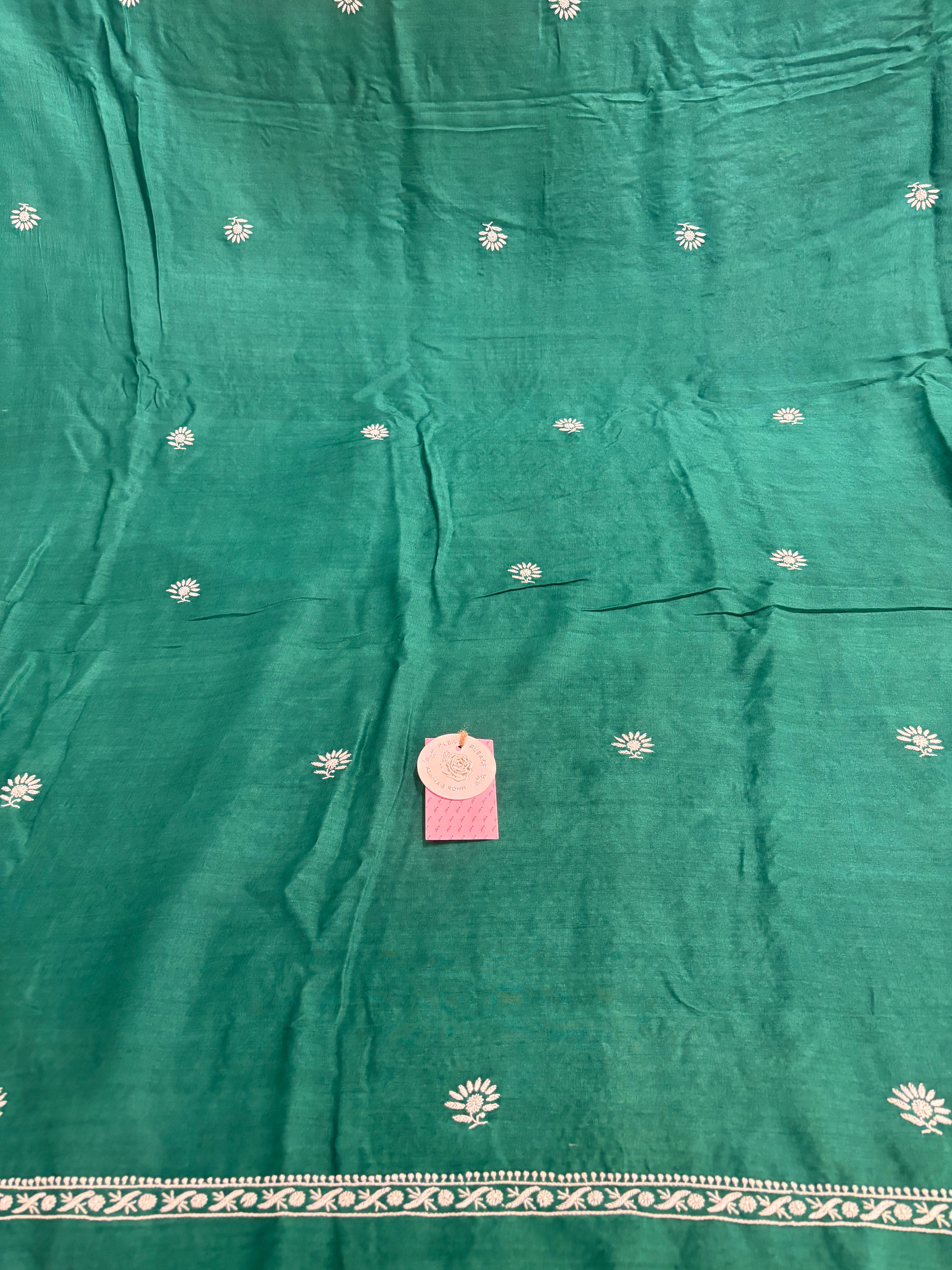 Emerald Green Monga Silk Chikankari Kurta & Dupatta