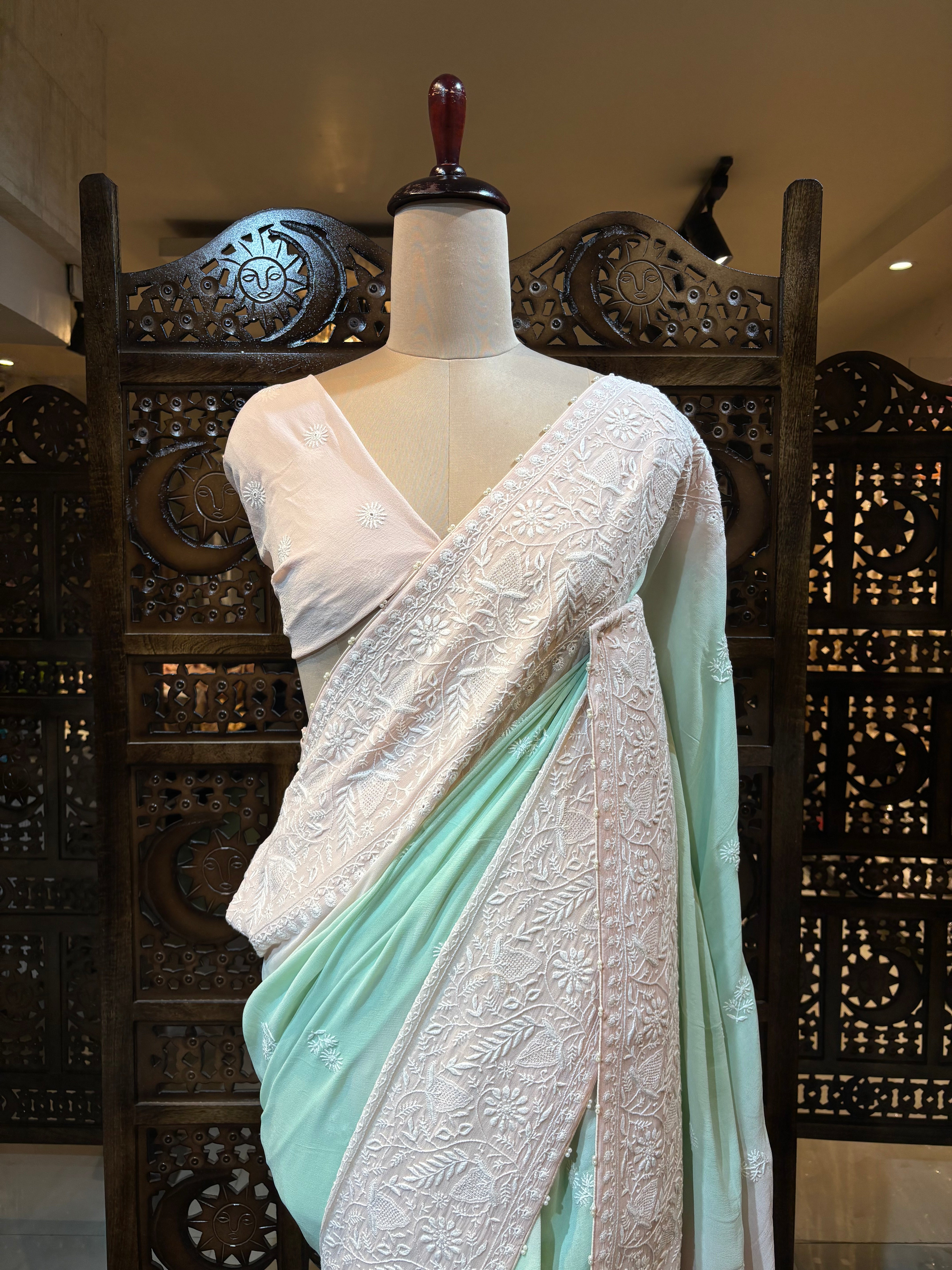 Pink & Green Pure & Premium Georgette Chikankari Saree & Blouse - Pleats PleaseChikankari