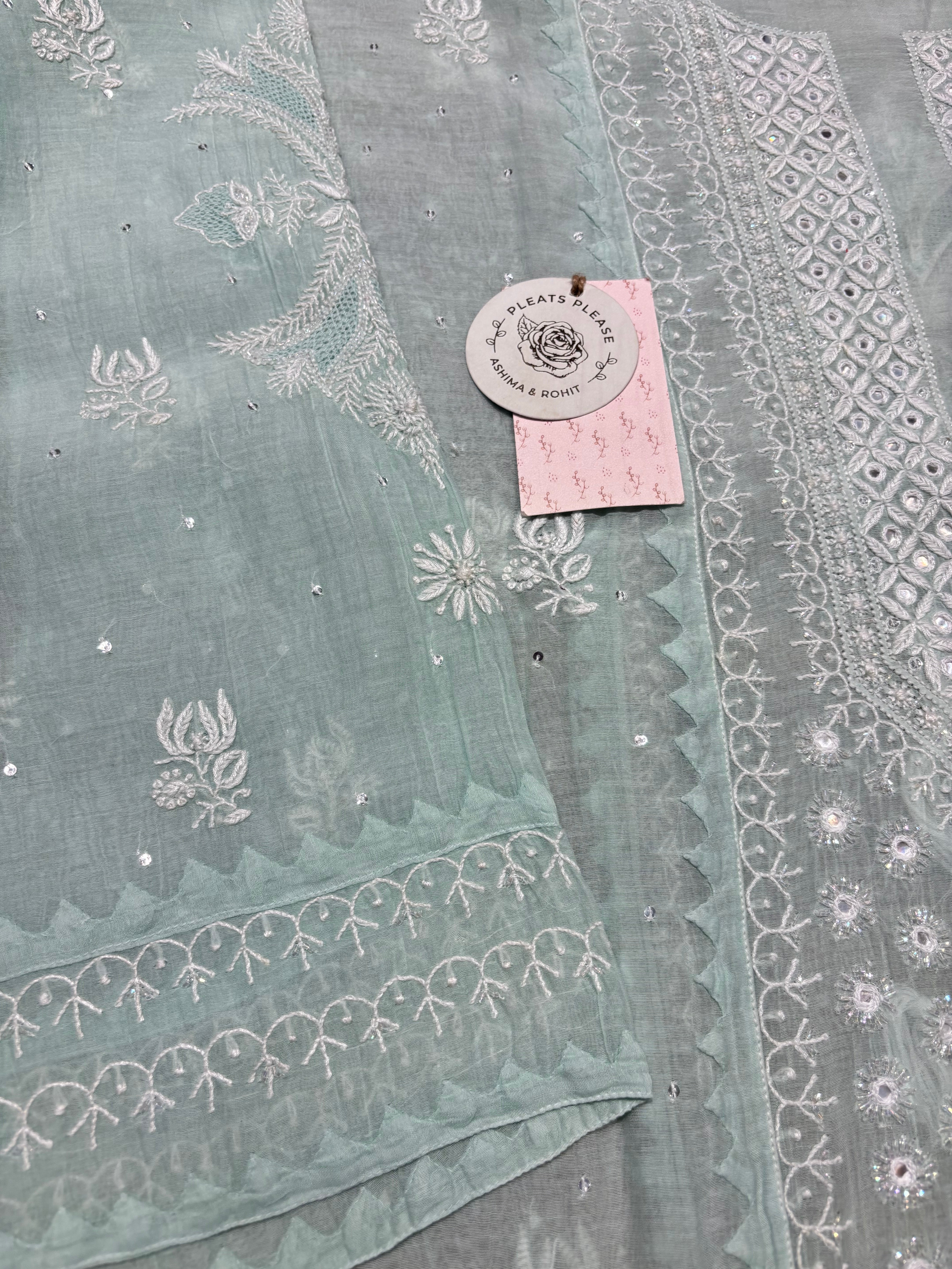 Mint Green Chanderi Mul Chikankari Kurta and Dupatta Set