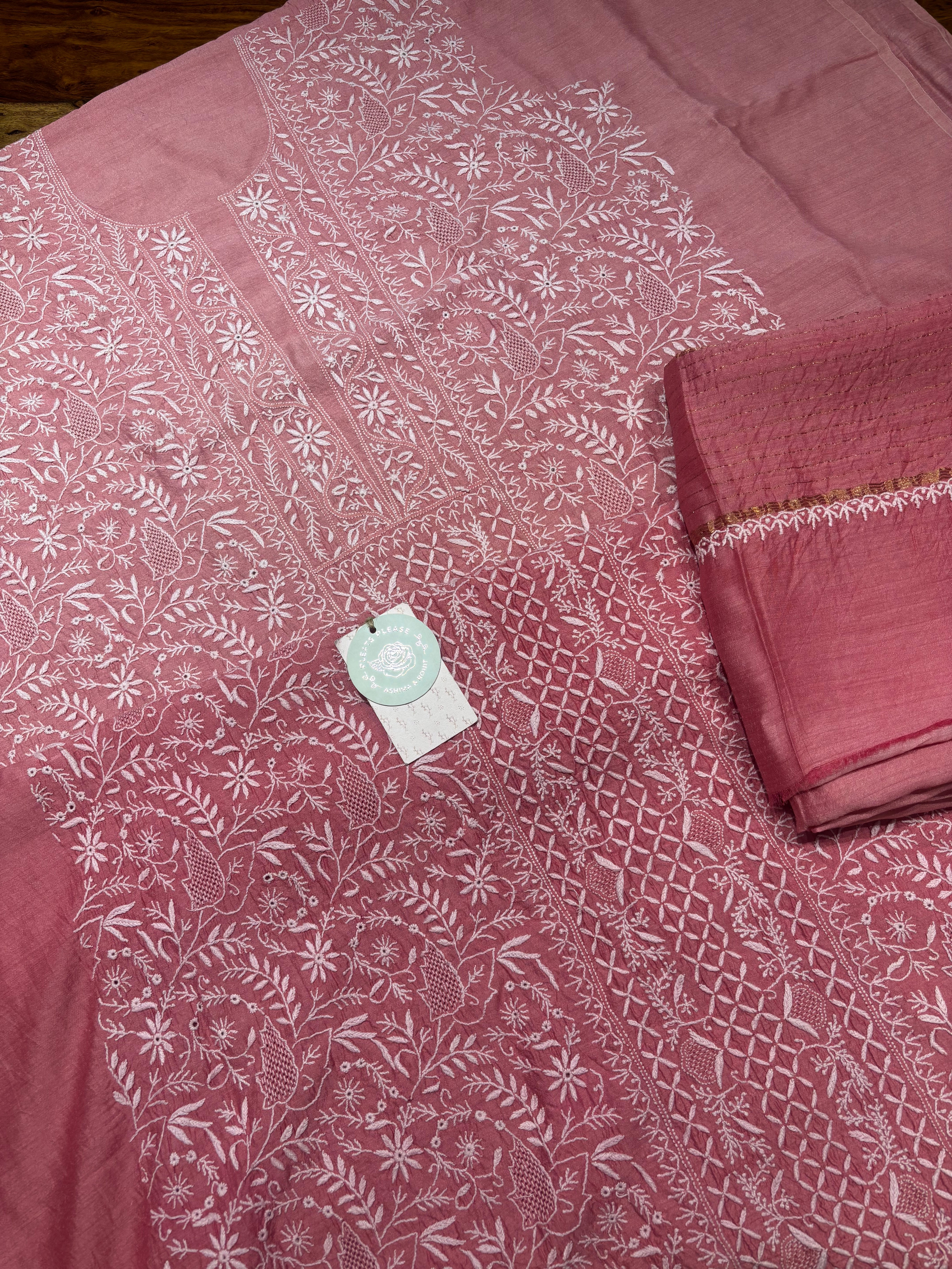 Flamingo Pink Ombre Pure & Premium Monga Silk Chikankari Kurta & Dupatta Fabric