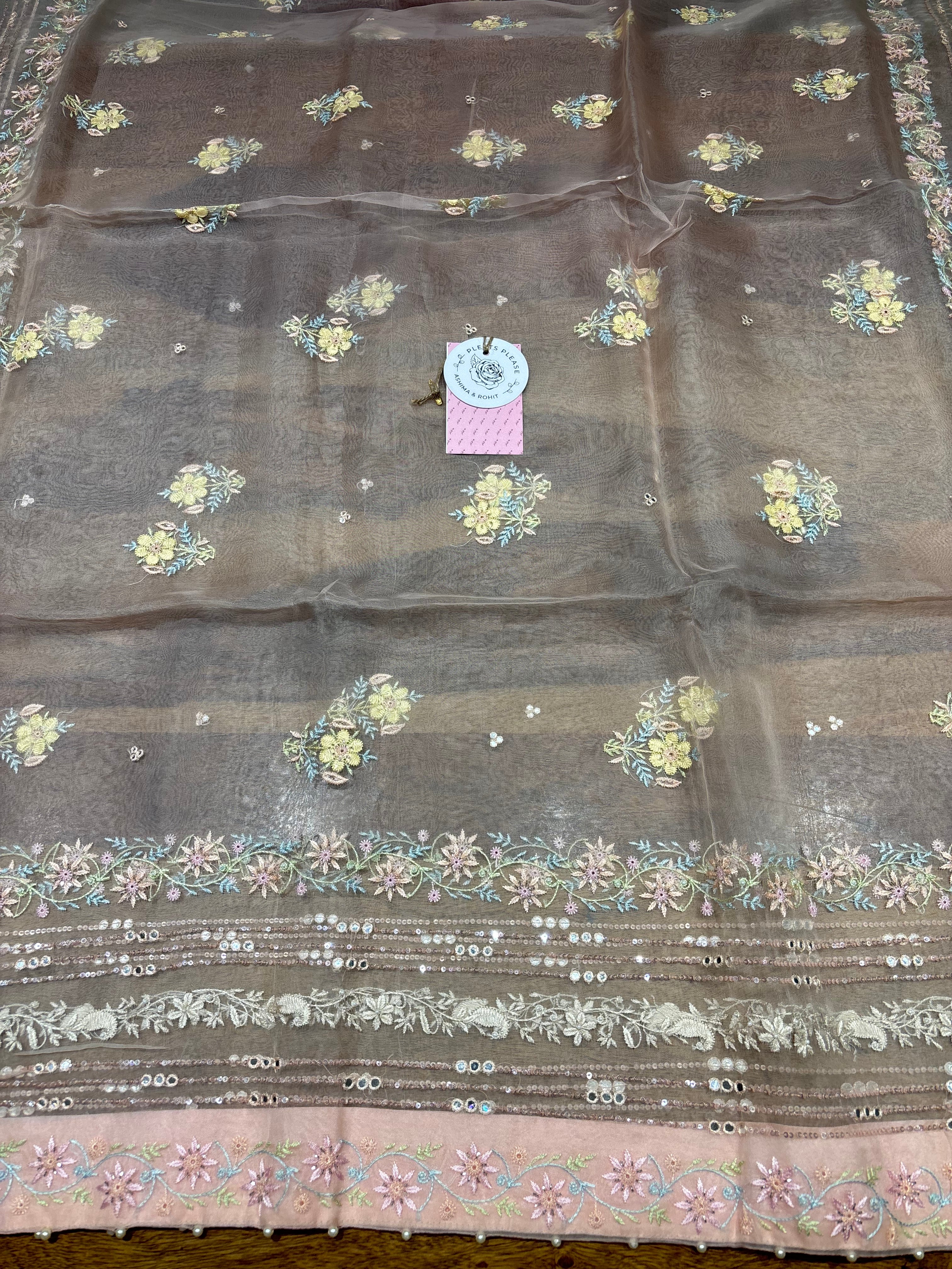 Peach Pure & Premium Organza Silk Chikankari Kurta & Dupatta Fabric