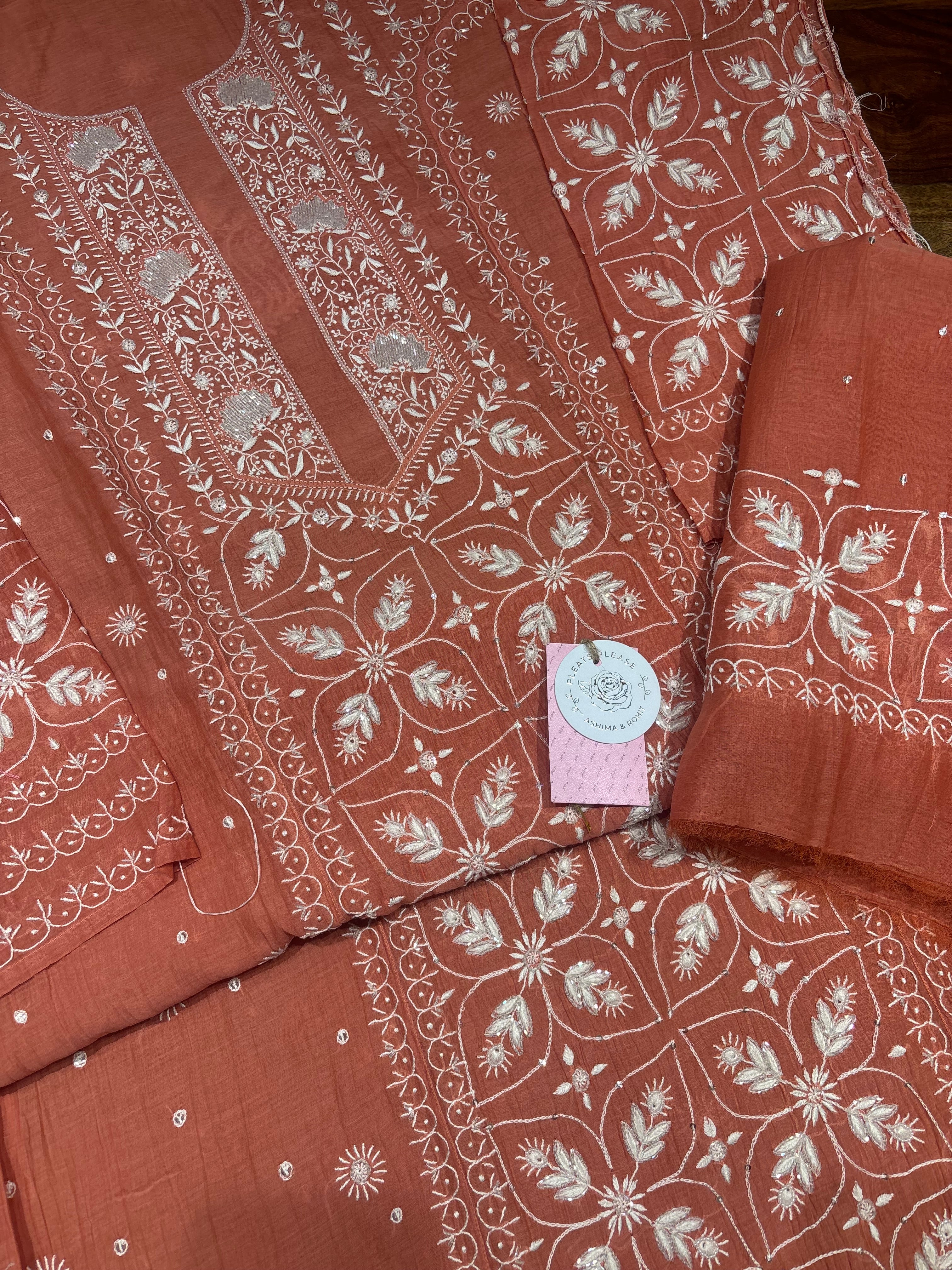 Coral Chanderi Mul Chikankari Kurta and Dupatta Set