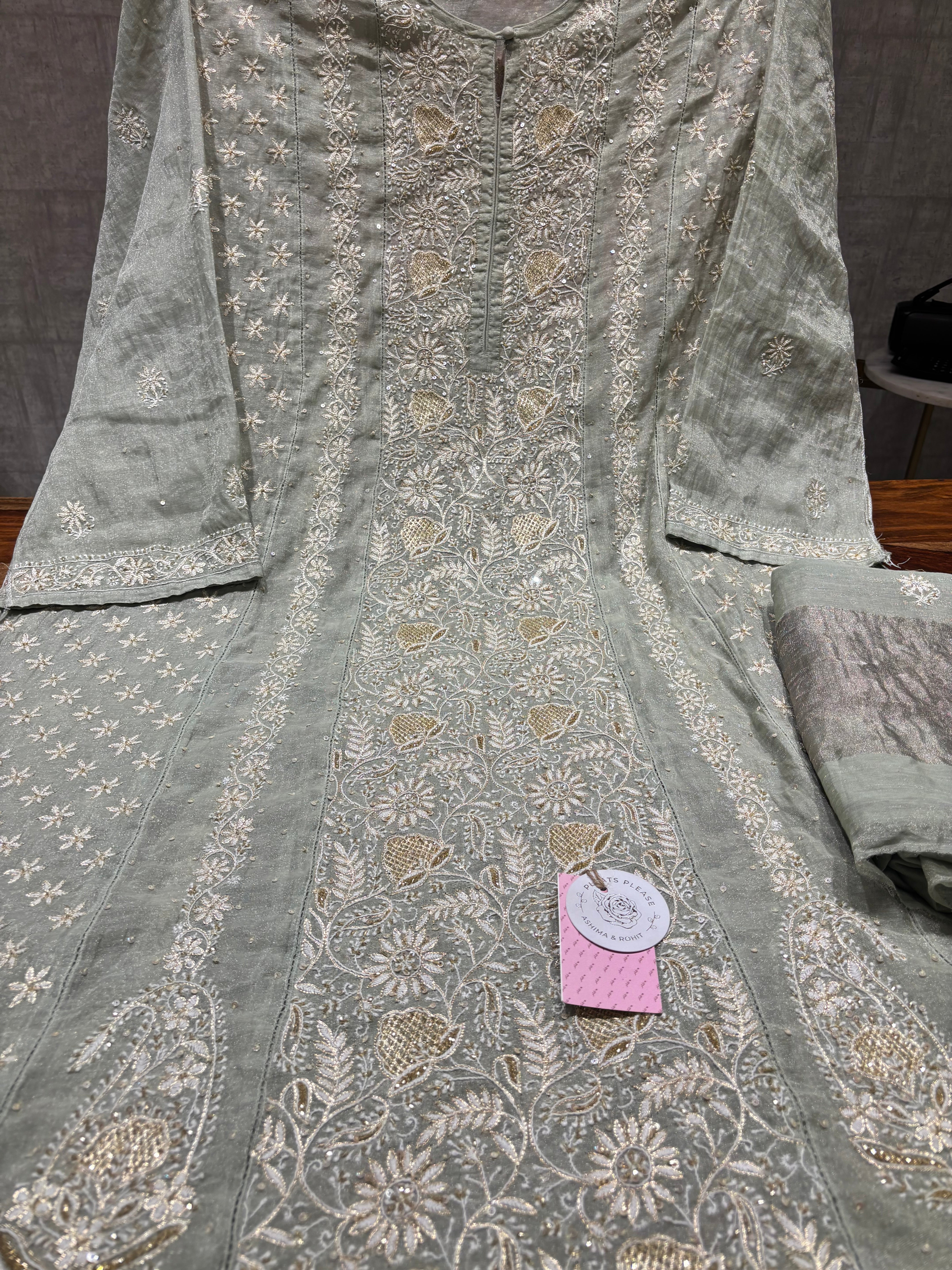 Sage Green Pure & Premium Tissue Chikankari Kalidar Kurta & Dupatta Set