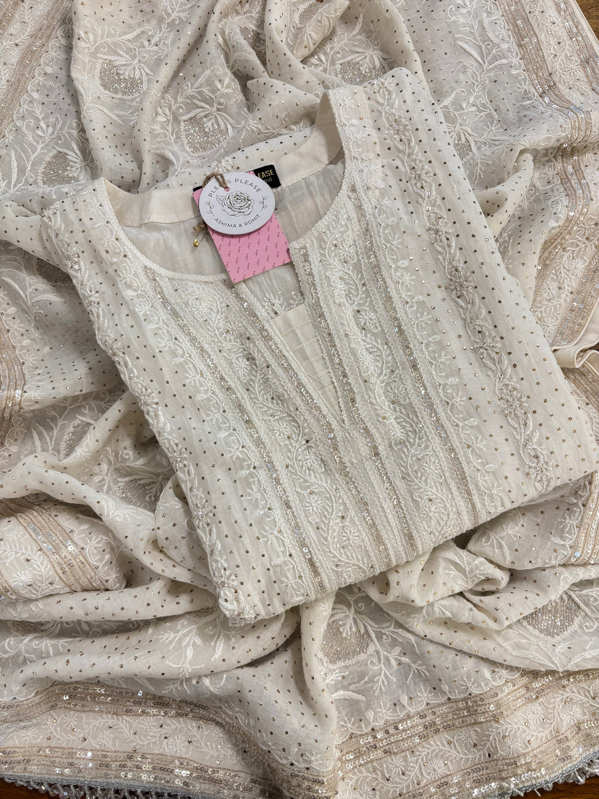 Dyeable Chanderi Mul Chikankari Mukaish Kurta & Dupatta