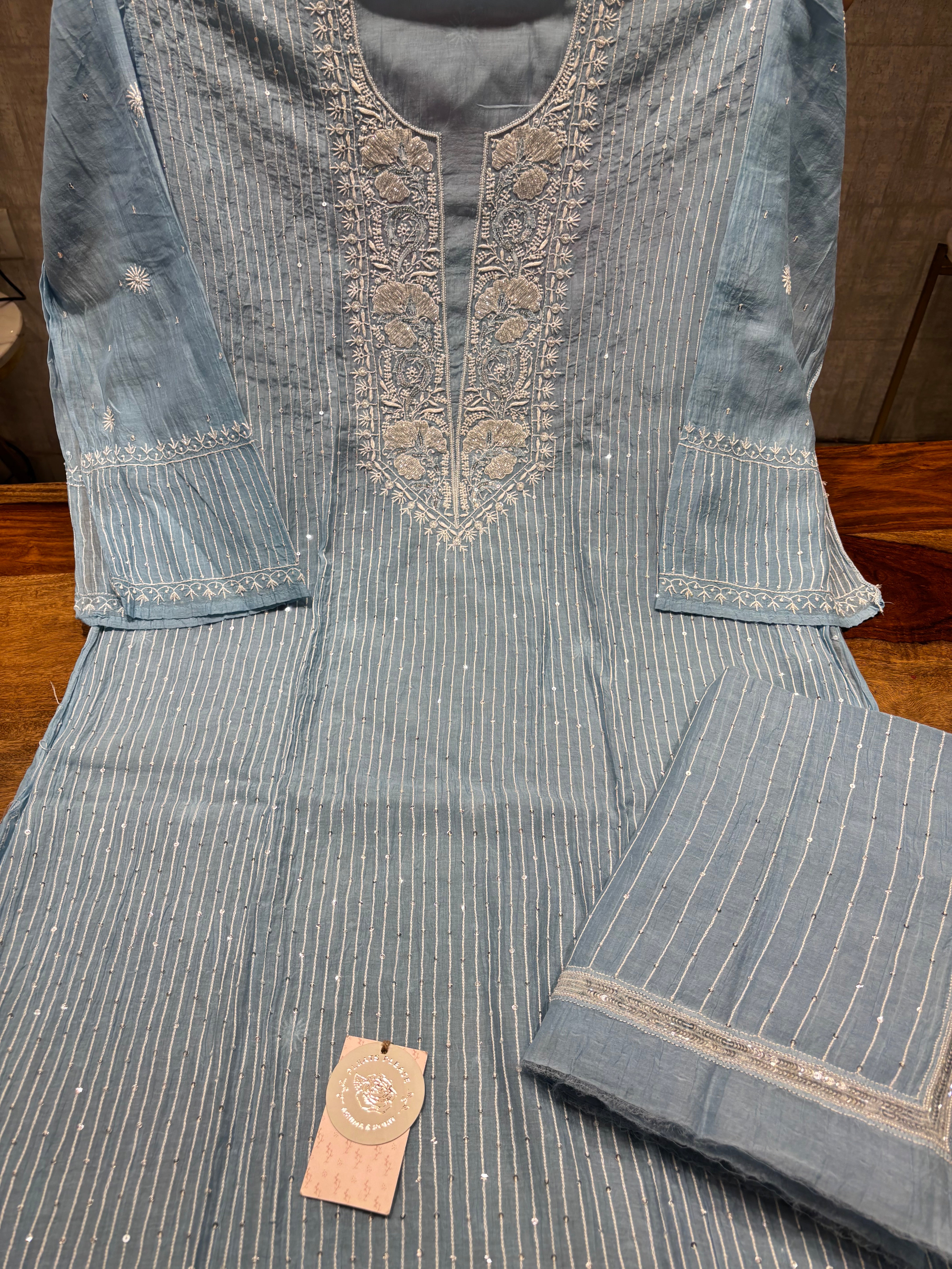 Powder Blue chanderi Mul Chikankari Kurta and Dupatta Set