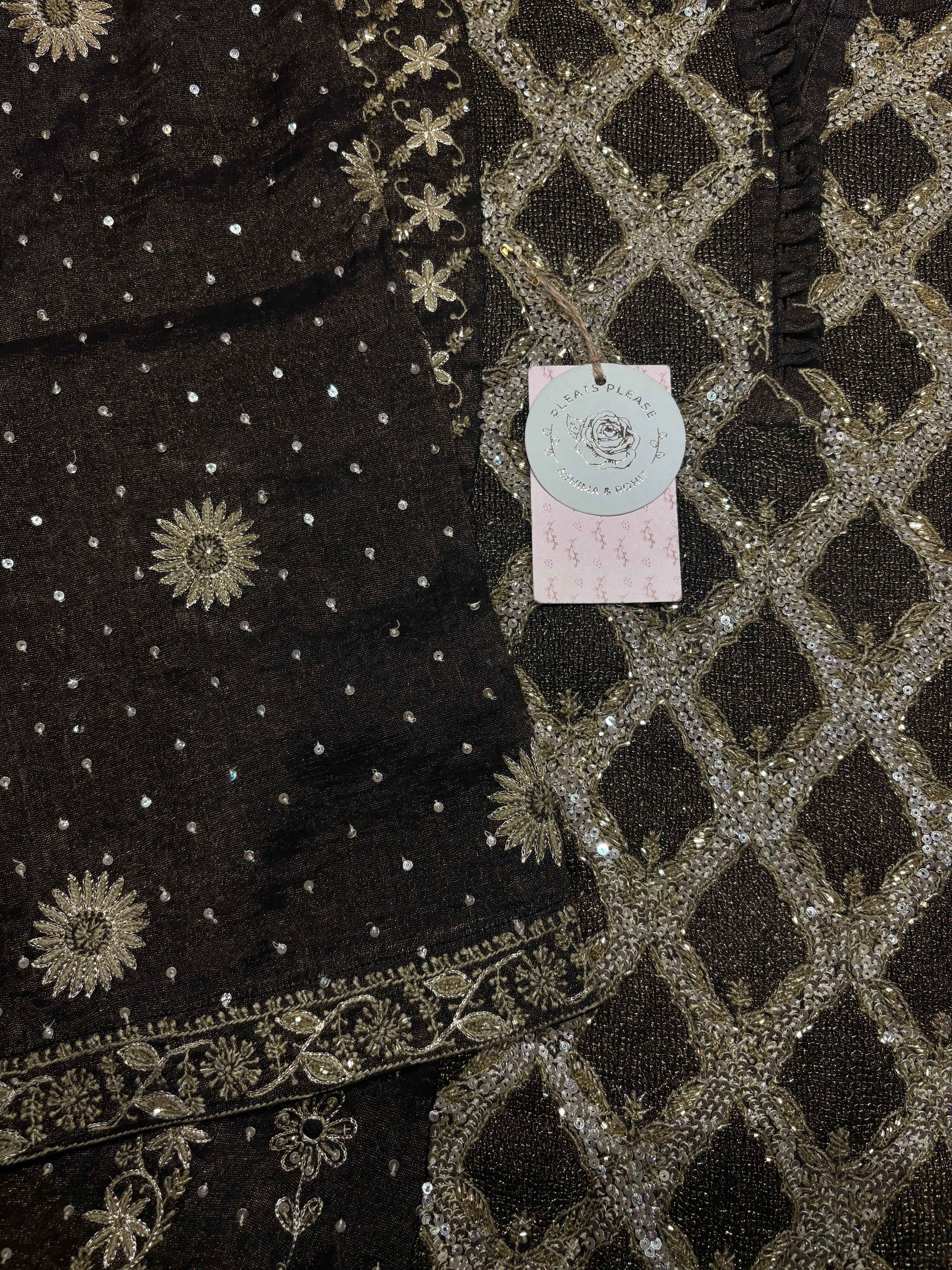 Black Pure Tissue Anarkali And Dupatta set - Pleats PleaseChikankari