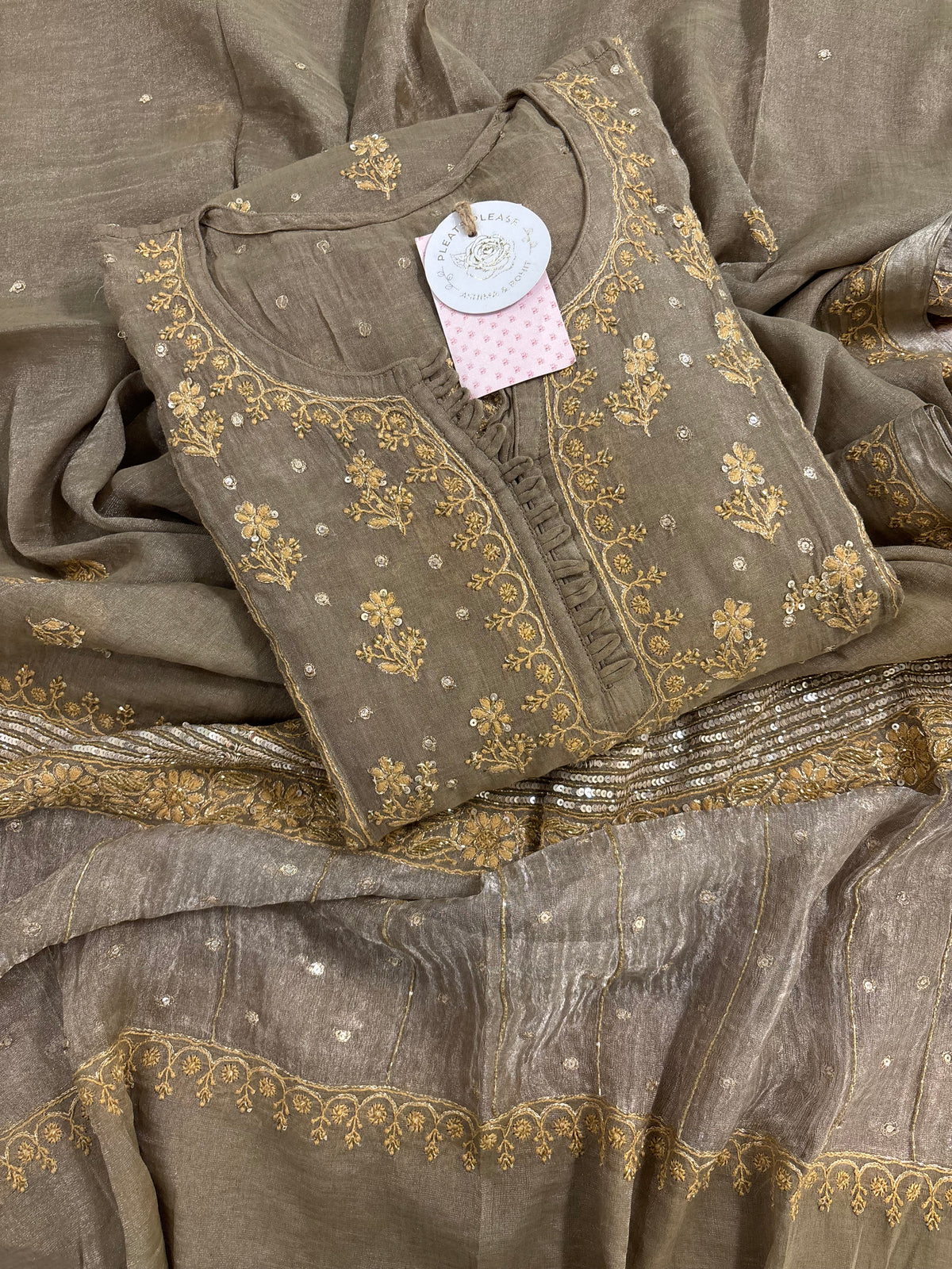 Ash Grey Pure & Premium Tissue Chikankari Anarkali & Dupatta