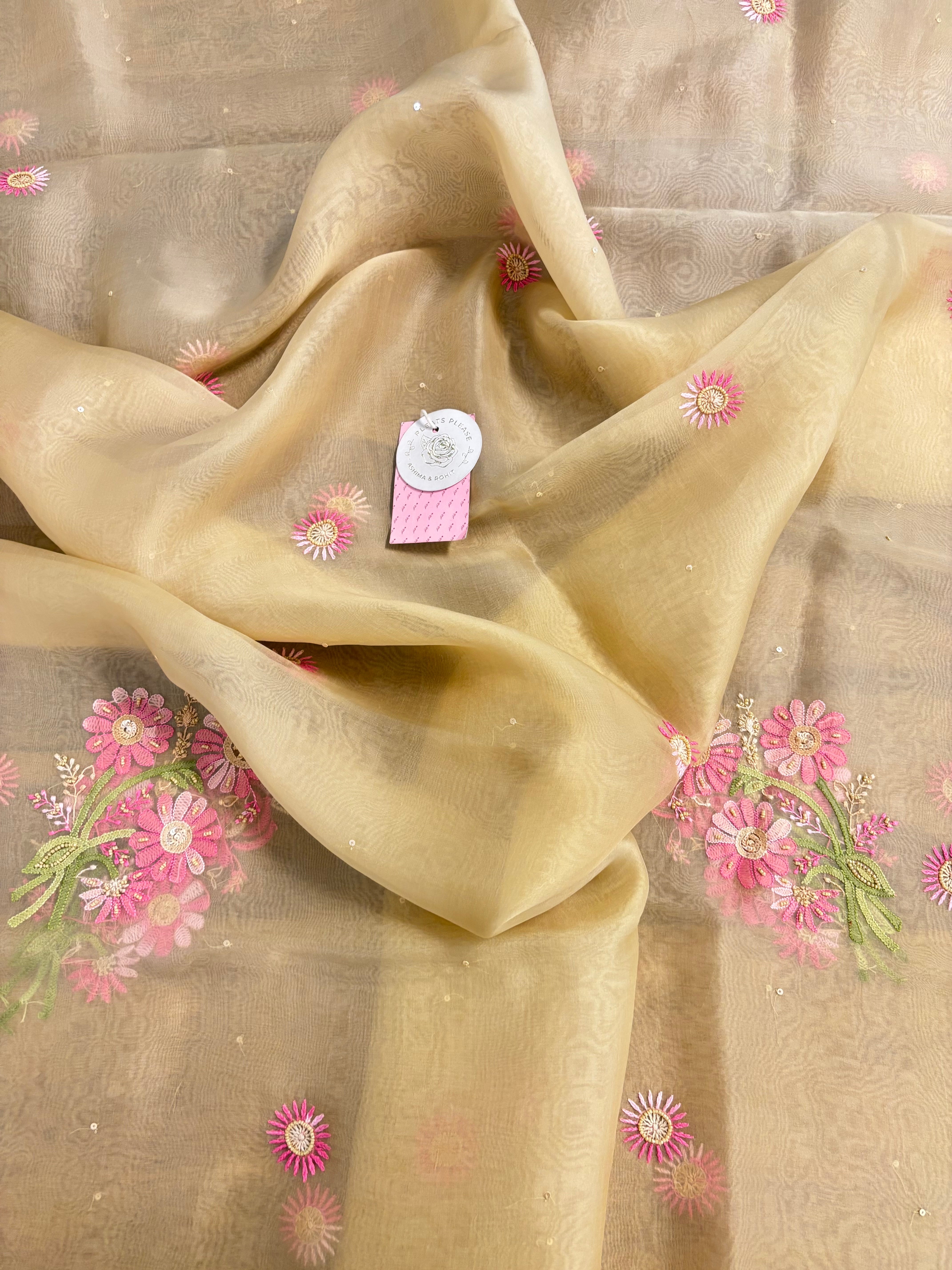 Golden Pure Organza Silk Chikankari Kurta & Dupatta