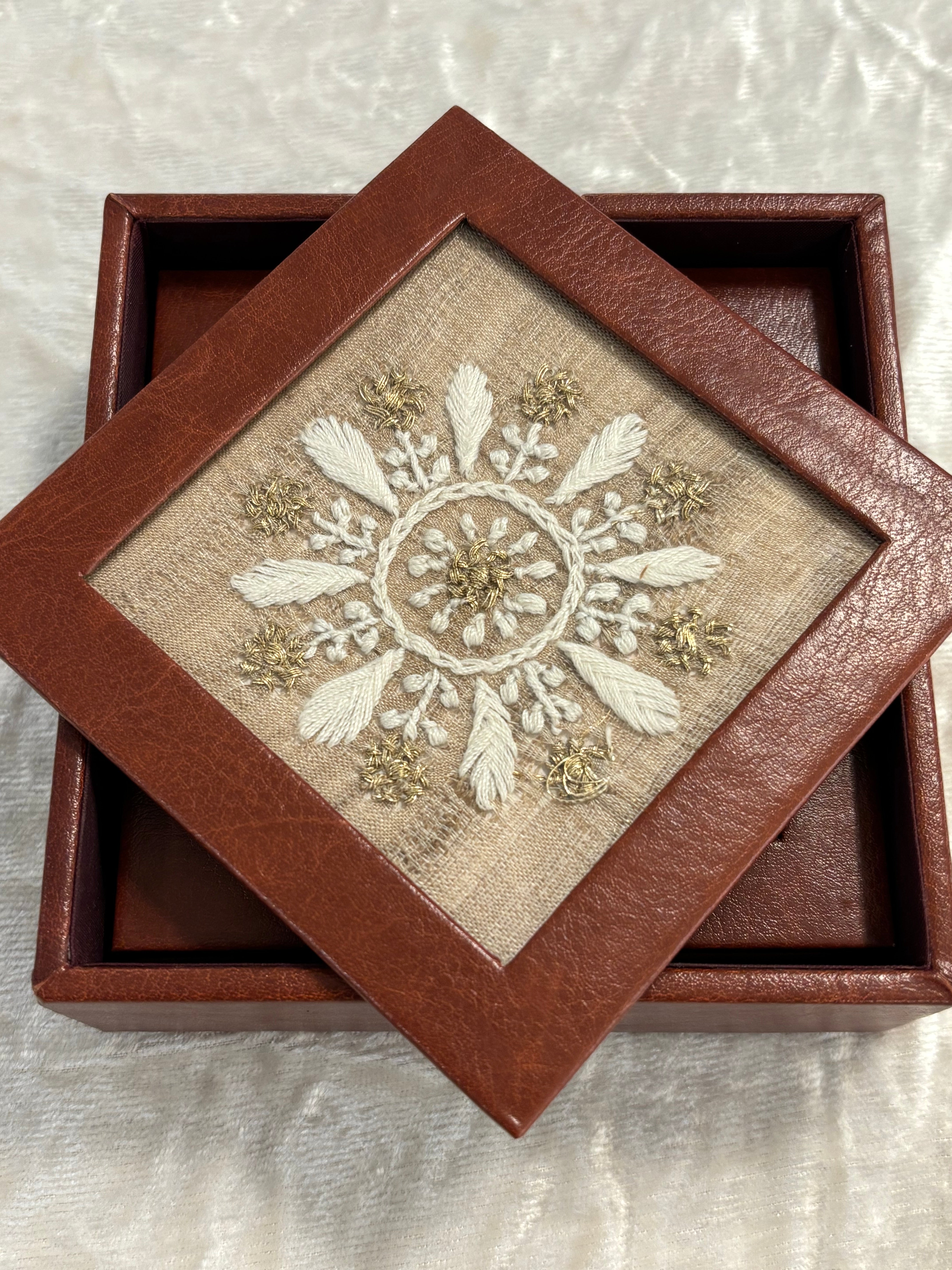 Leather Frame Chikankari Tea-Coaster 6- Piece Set