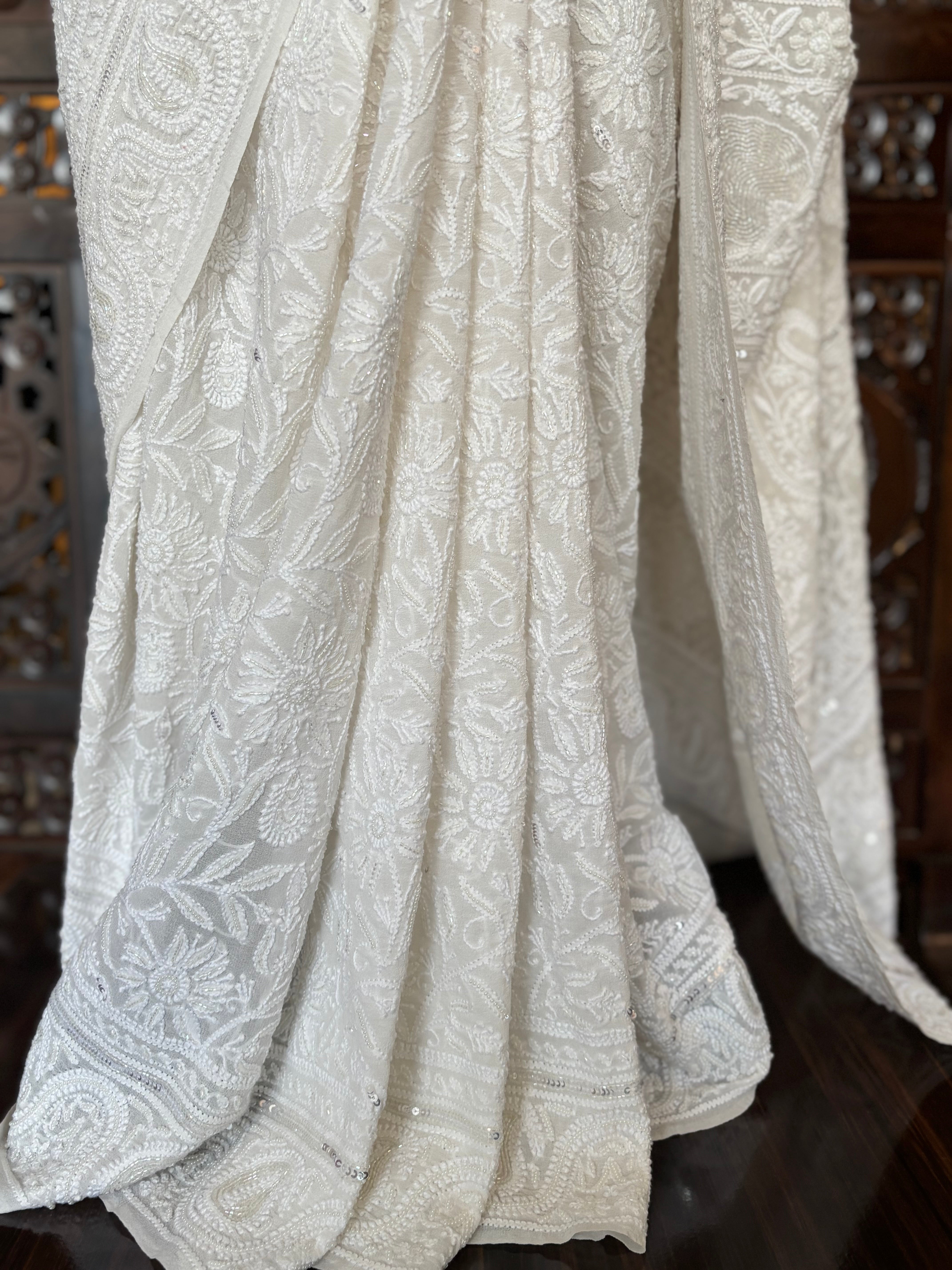 Dyeable Pure and Premium Georgette Chikankari Saree and Blouse - Pleats PleaseChikankari