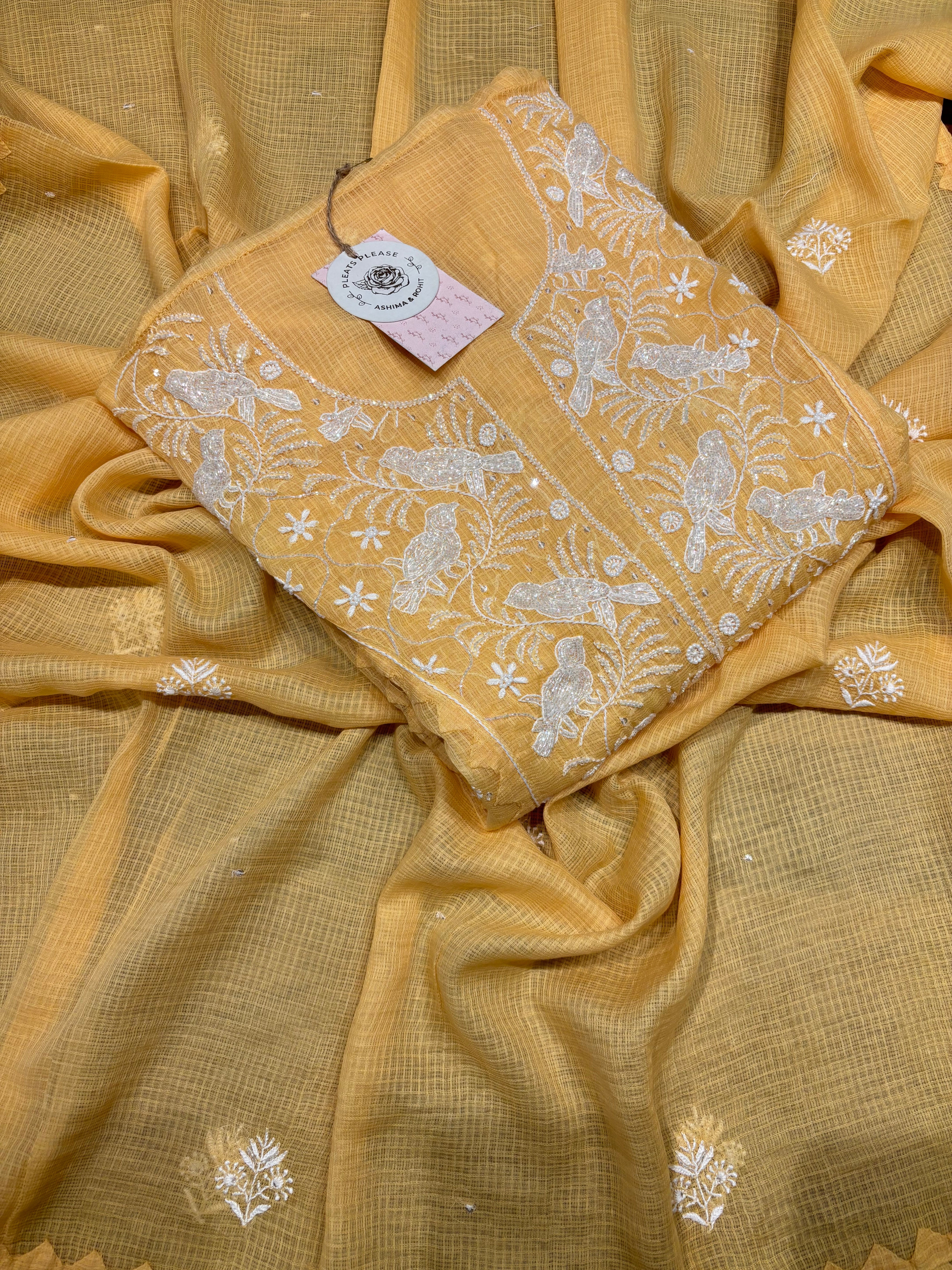 Yellow Kota Doria Chikankari Kurta And Dupatta Set