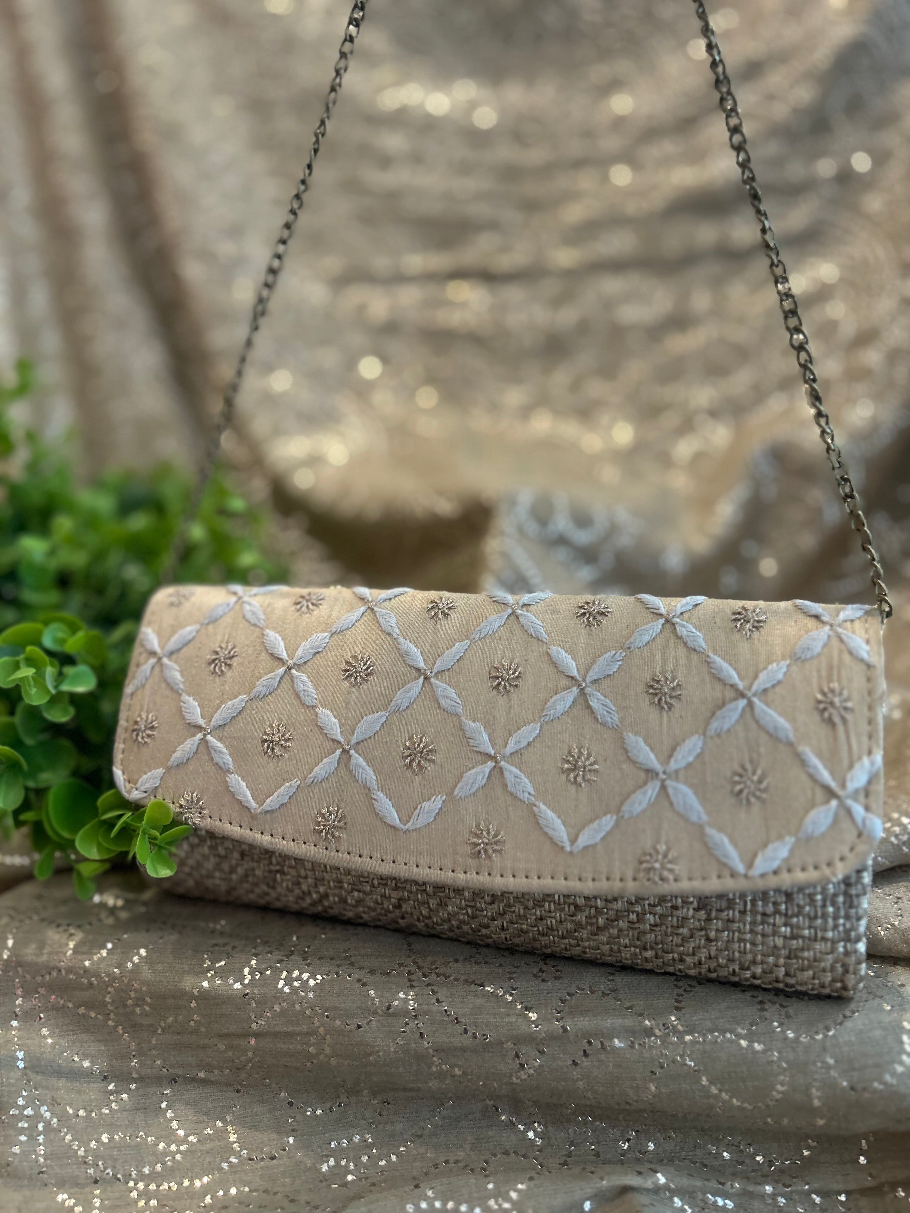 Cream Chikankari Jute Clutch