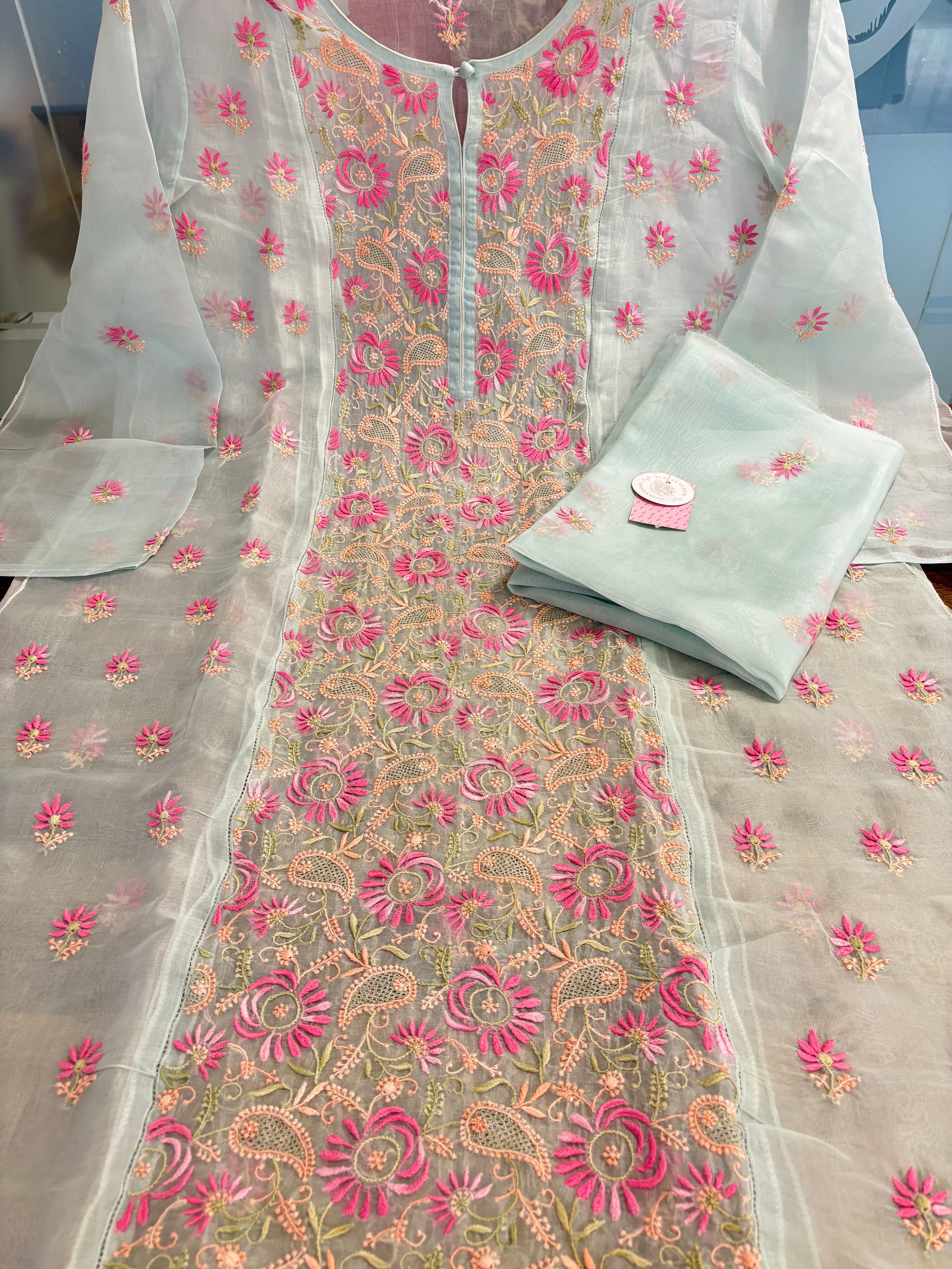Sea Foam Green Organza Chikankari Kurta & Dupatta - Pleats PleaseChikankari