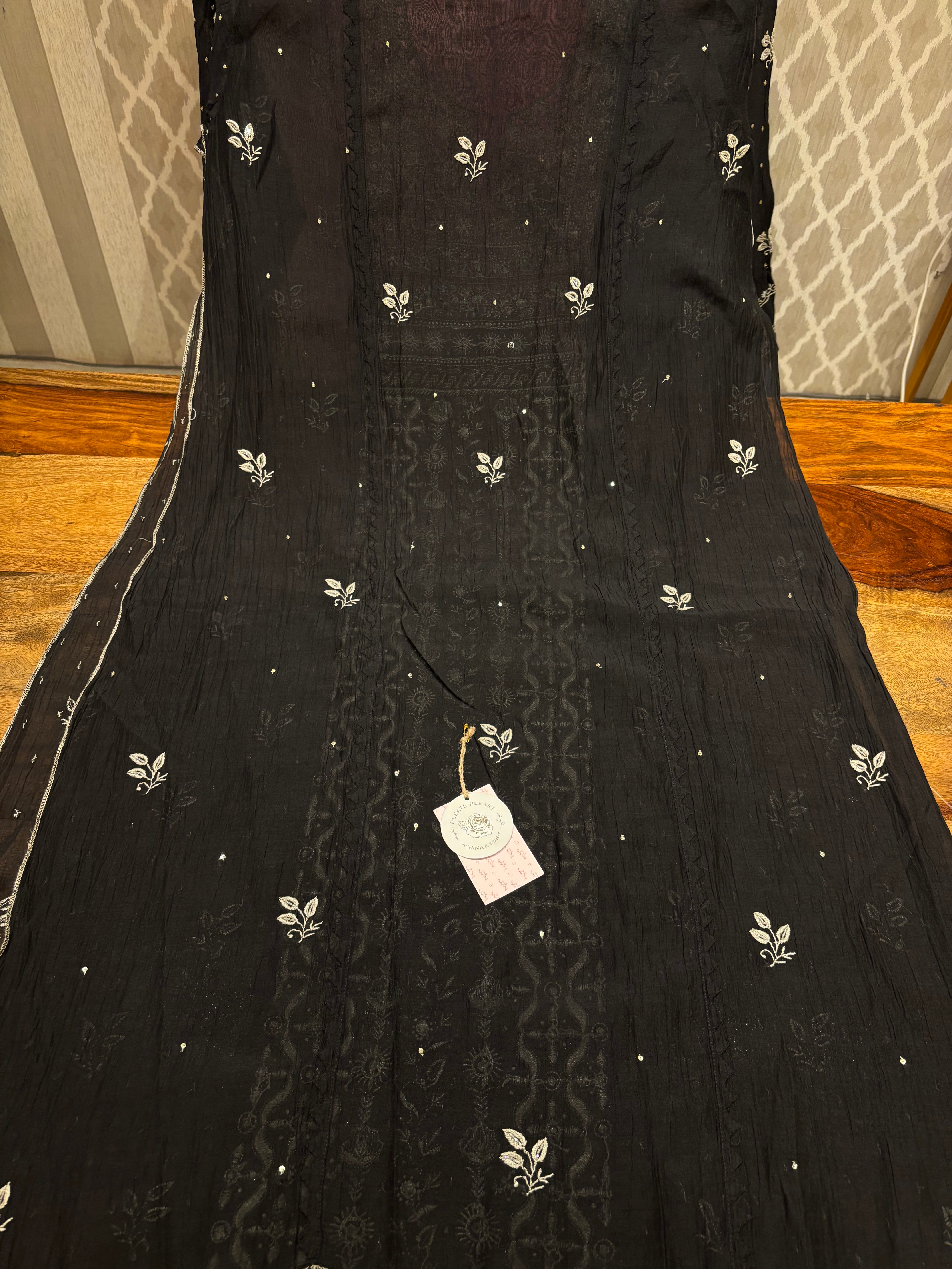Black Chanderi Mul Chikankari Kurta and Dupatta set