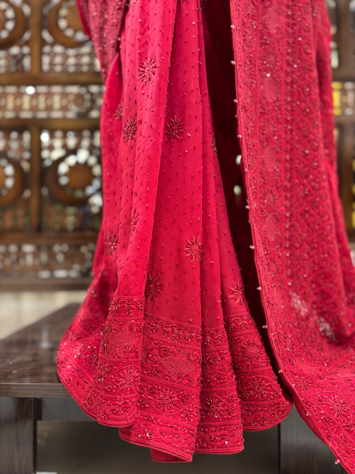 Red Pure & Premium Georgette Chikankari Saree
