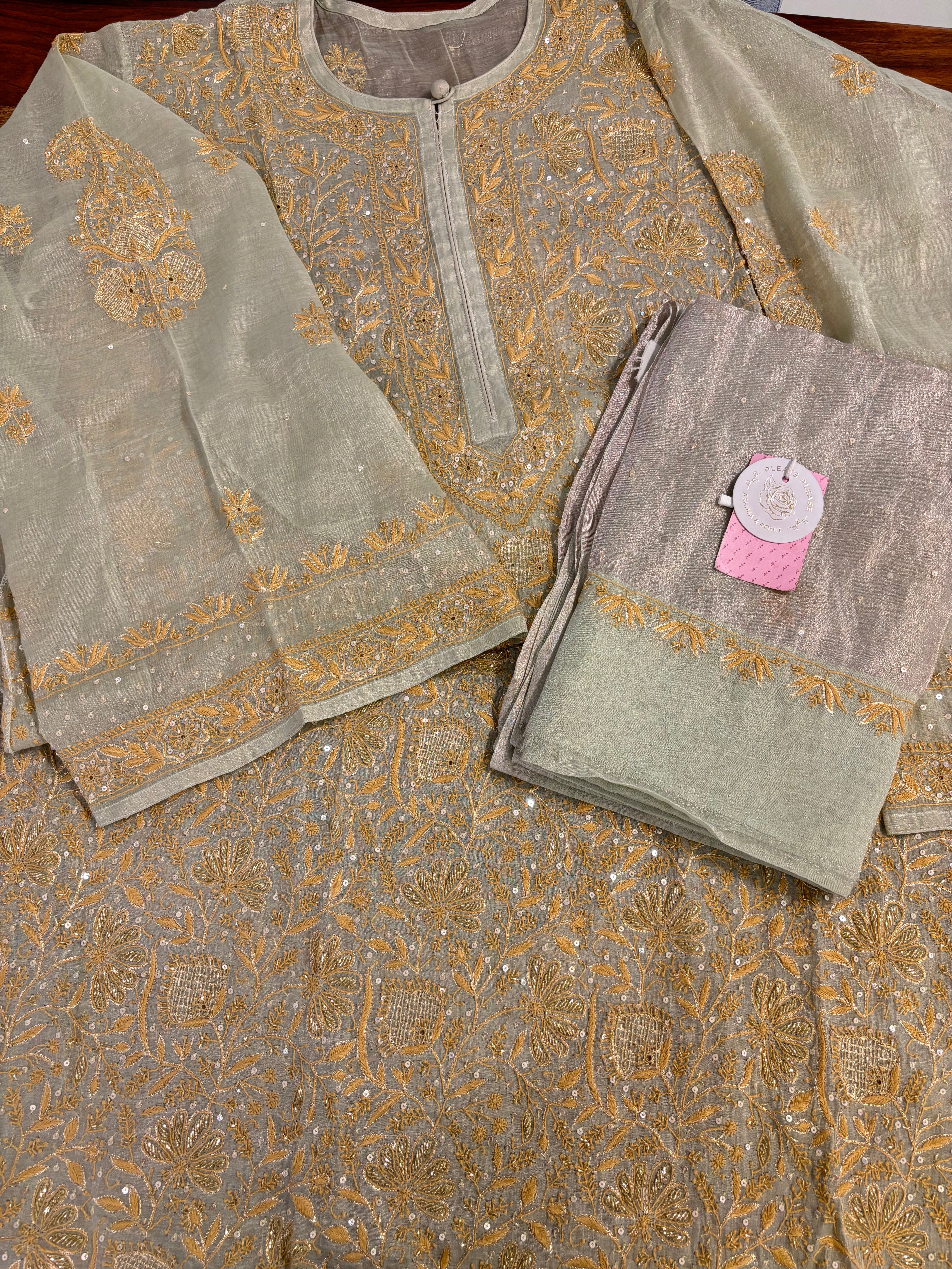 Pistachio Green Pure Tissue Chikankari Kurta & Dupatta - Pleats PleaseChikankari