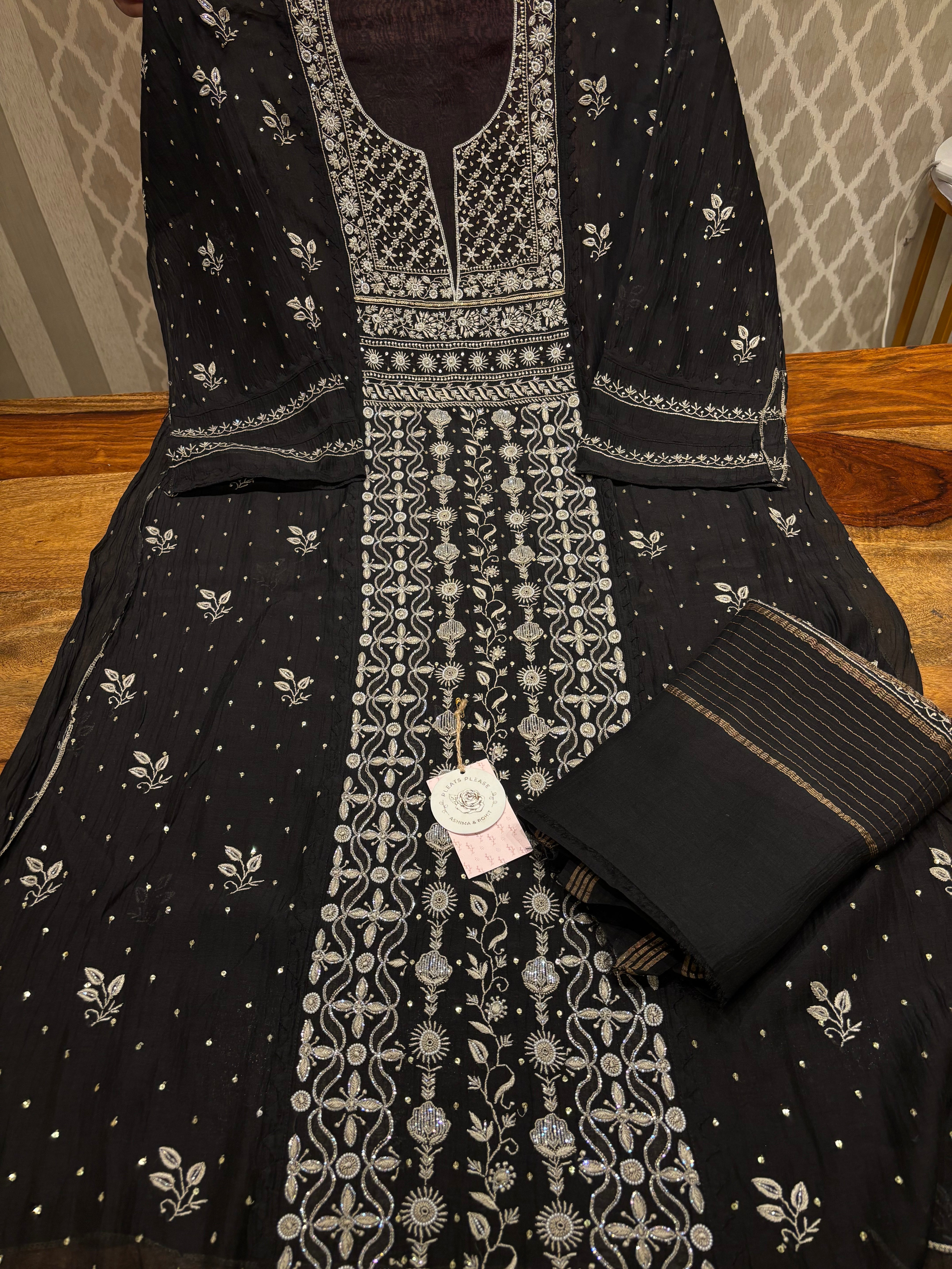 Black Chanderi Mul Chikankari Kurta and Dupatta set