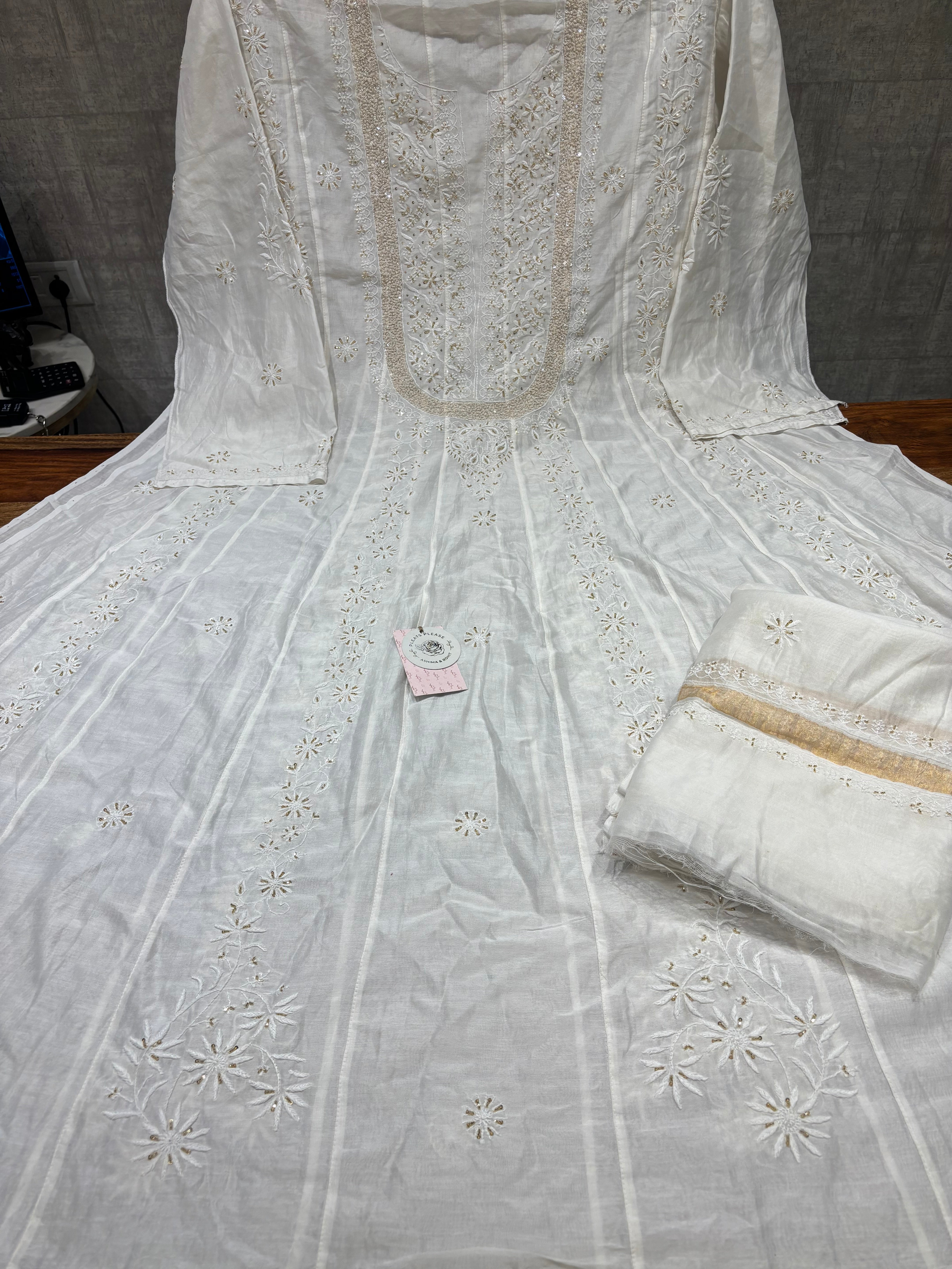 Dyeable Chanderi Silk Chikankari Anarkali & Dupatta Set