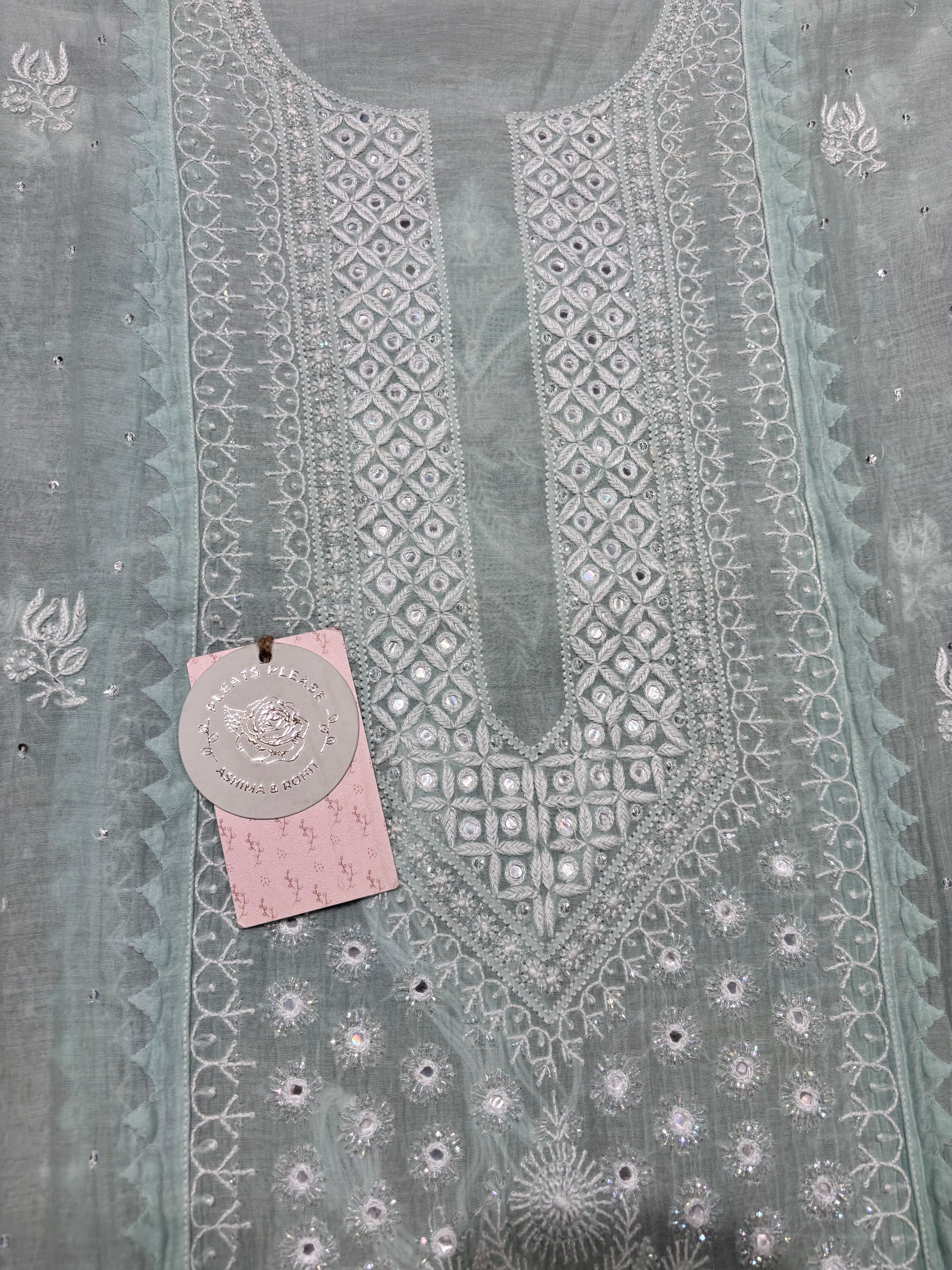 Mint Green Chanderi Mul Chikankari Kurta and Dupatta Set