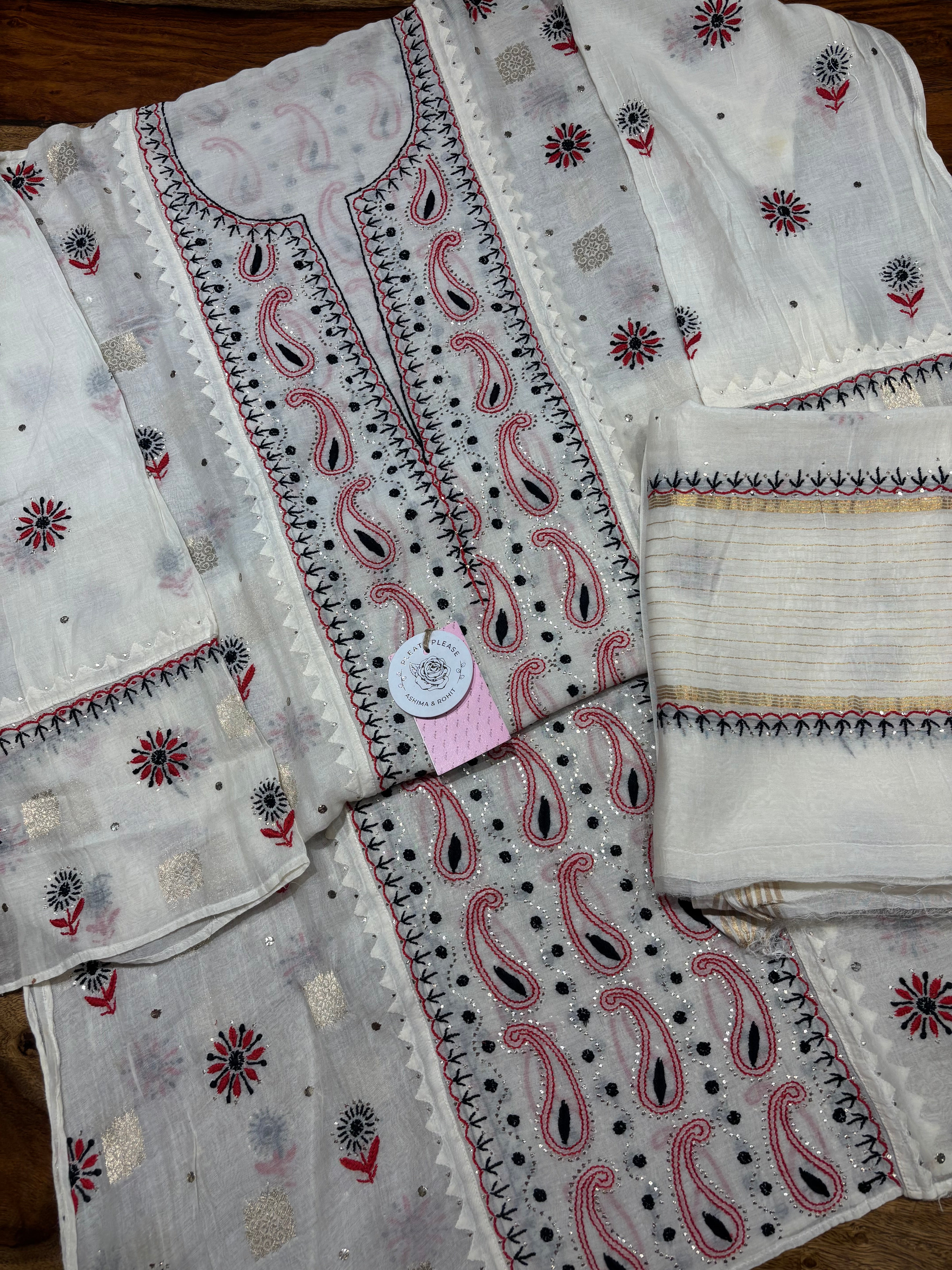 Dyeable Chanderi Mul Chikankari & Mukaish Kurta & Dupatta Set