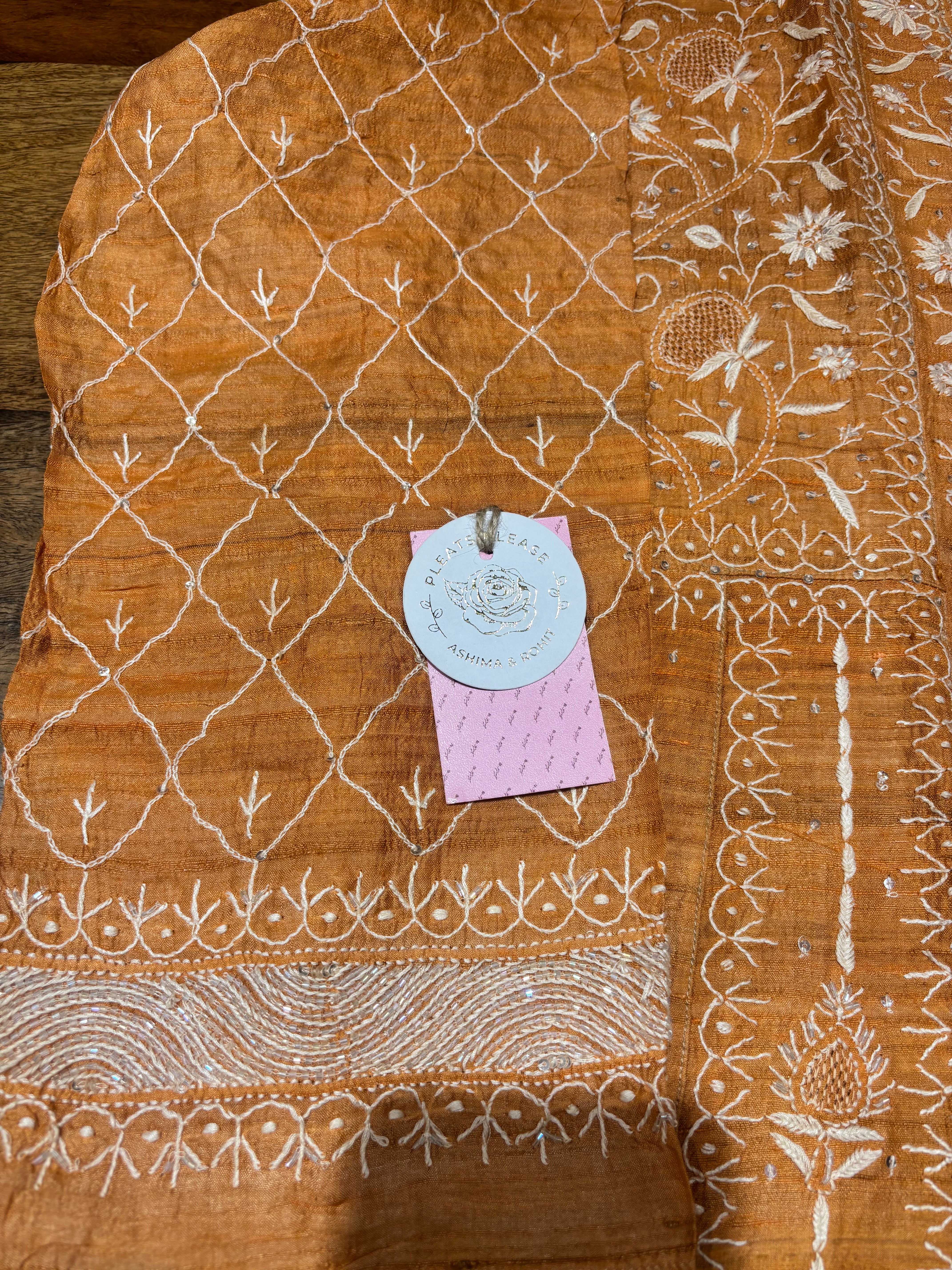 Orange Pure & Premium Tussar Silk Chikankari Anarkali & Dupatta Set