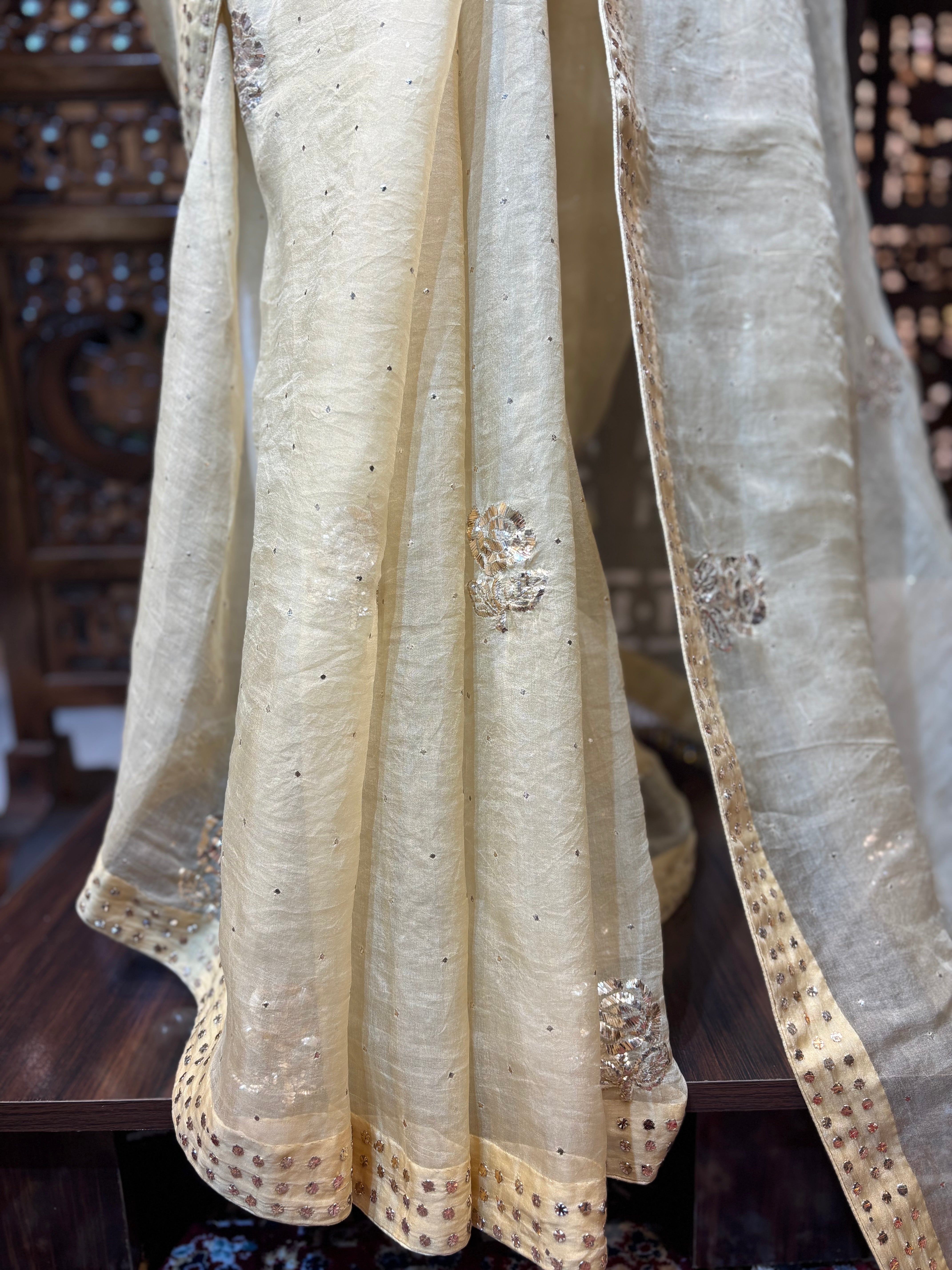 Beige Gold Organza Silk Badla Saree