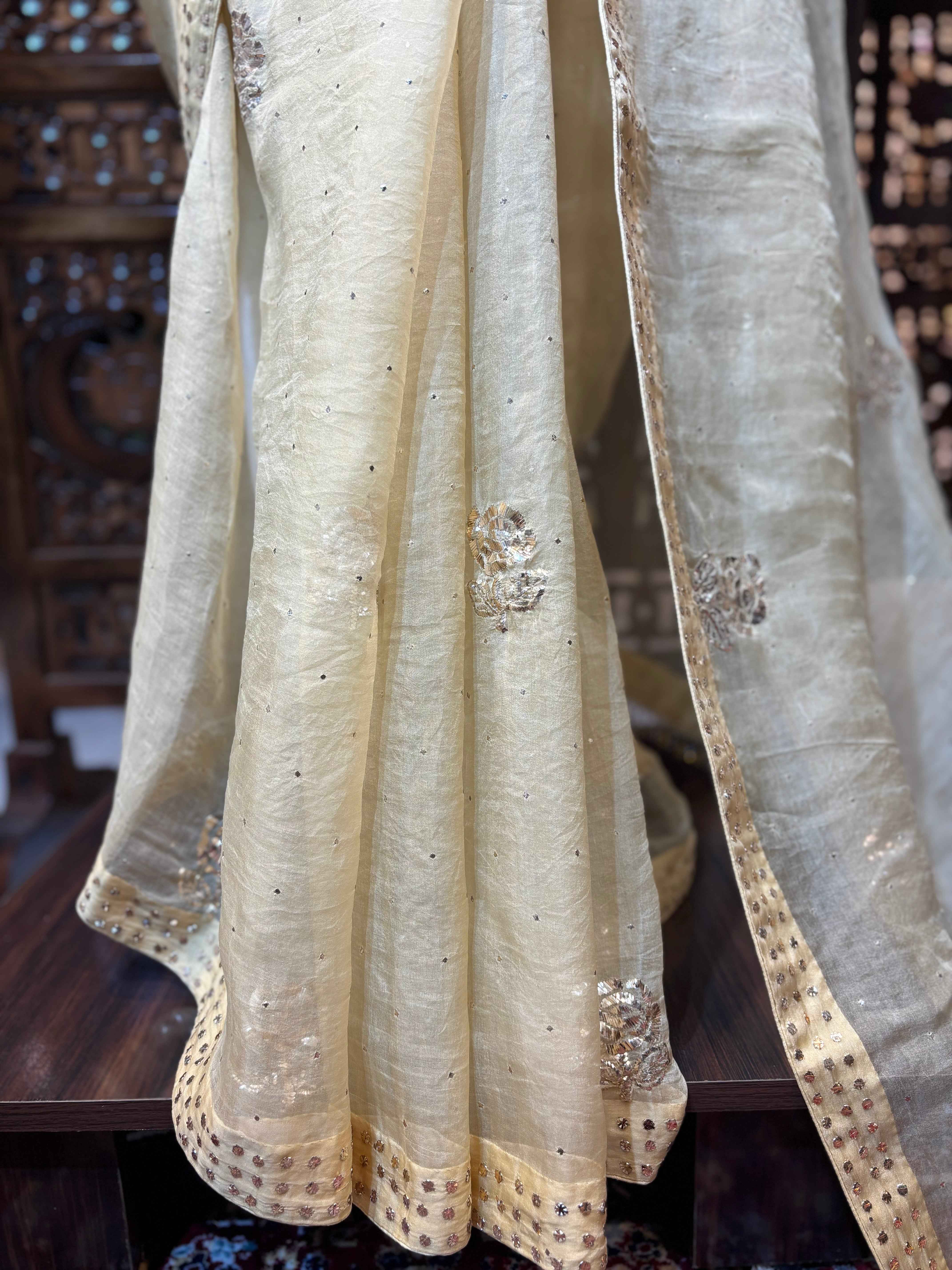 Beige Gold Organza Silk Badla Saree - Pleats PleaseChikankari