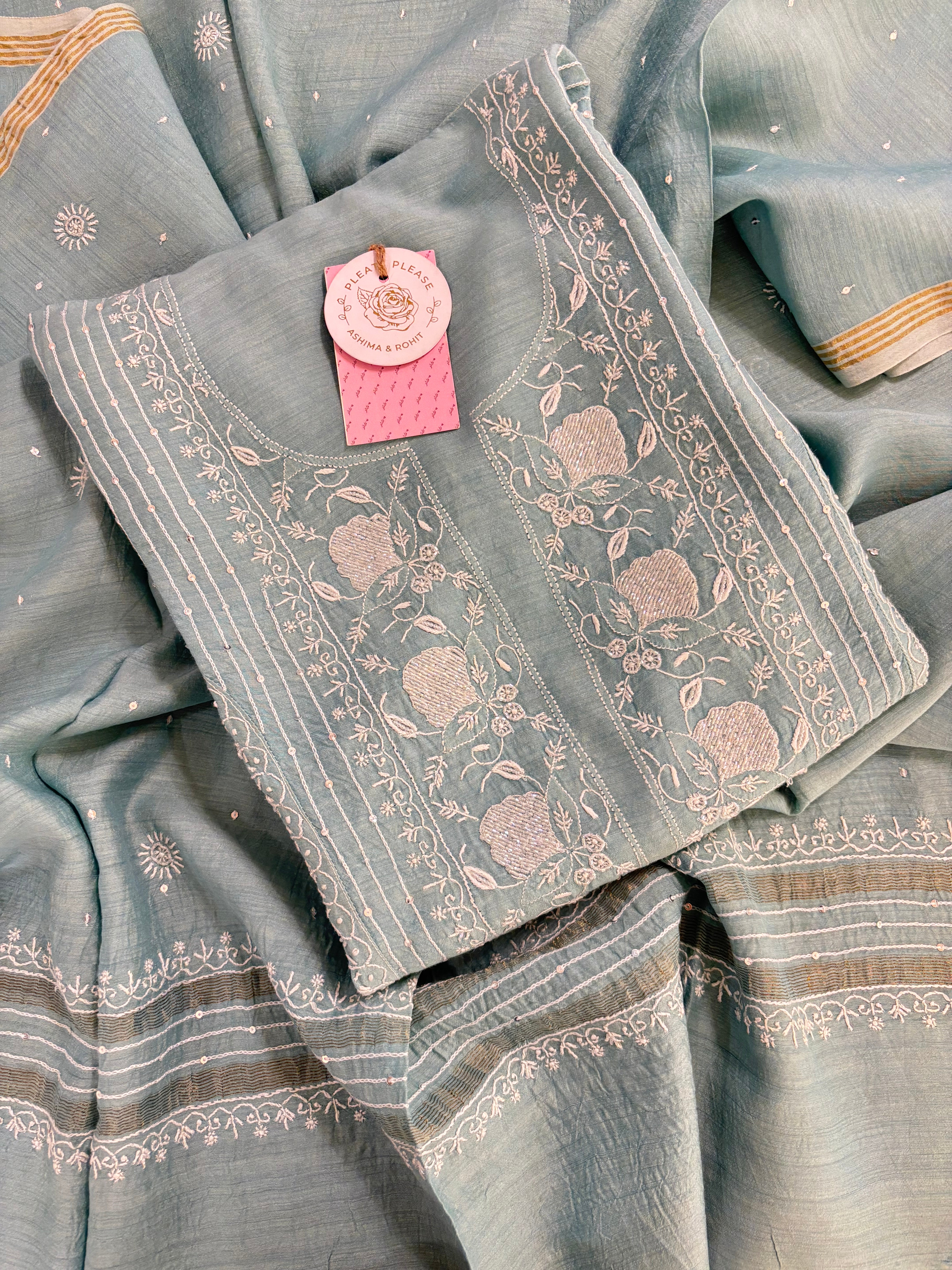 Pastel Mint Green Monga Silk Chikankari Kurta & Dupatta