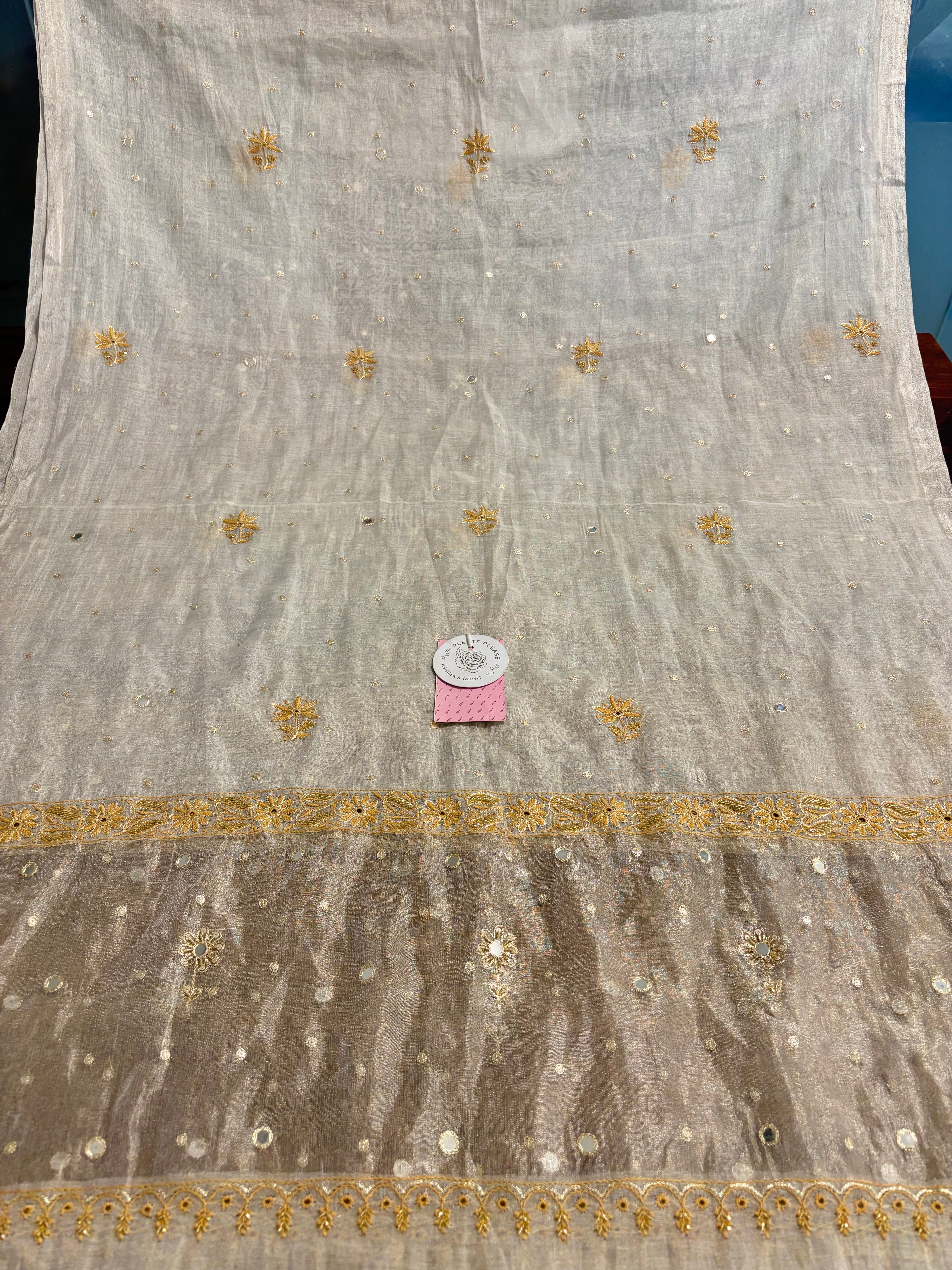 Dyeable Silver Tissue Mirror Neckline Chikankari Kurta & Dupatta - Pleats PleaseChikankari