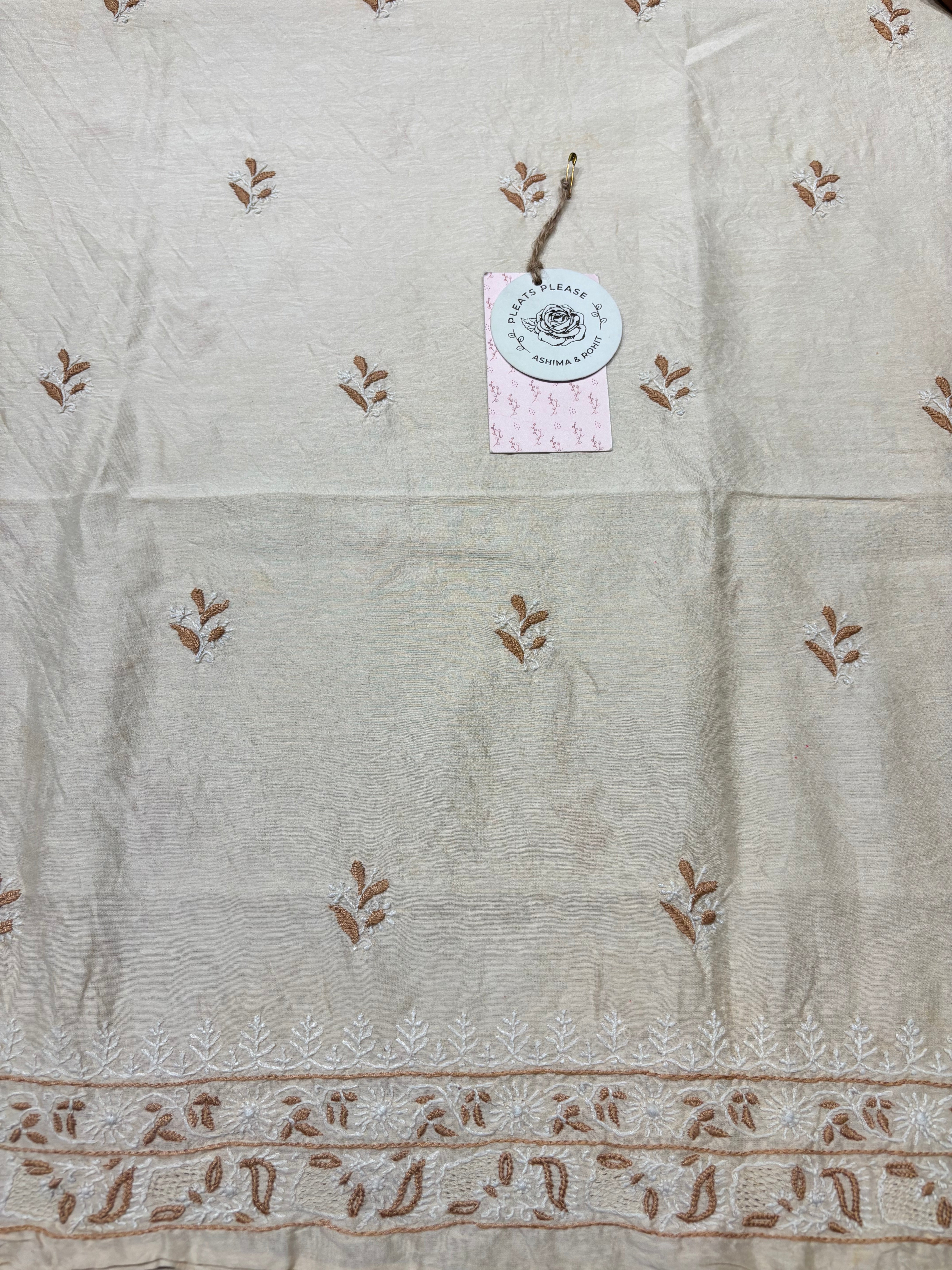 Off White Chanderi Silk Chikankari Men's Kurta Fabric
