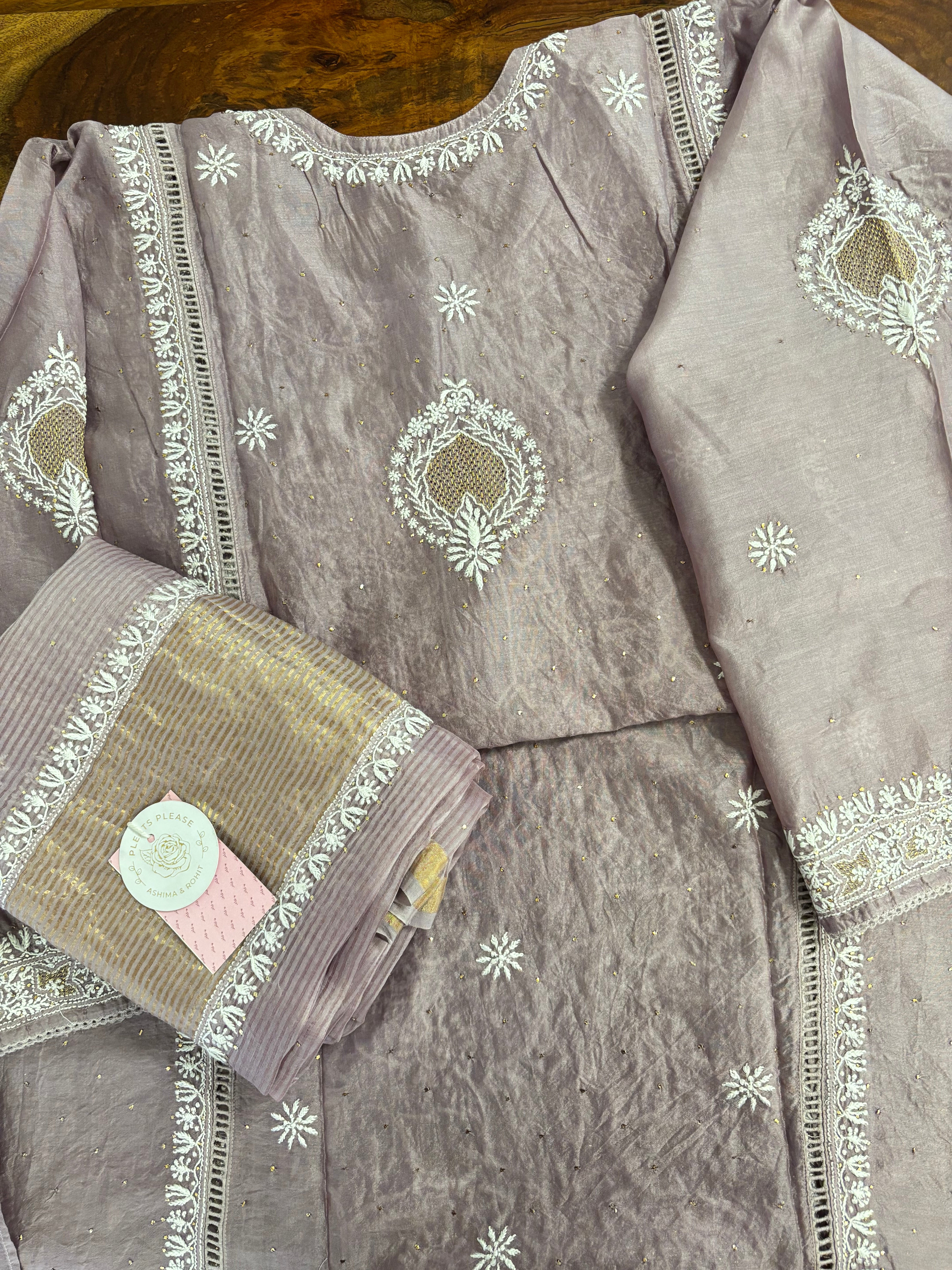 Mauve Chanderi Mukaish Chikankari Kurta & Dupatta - Pleats PleaseChikankari
