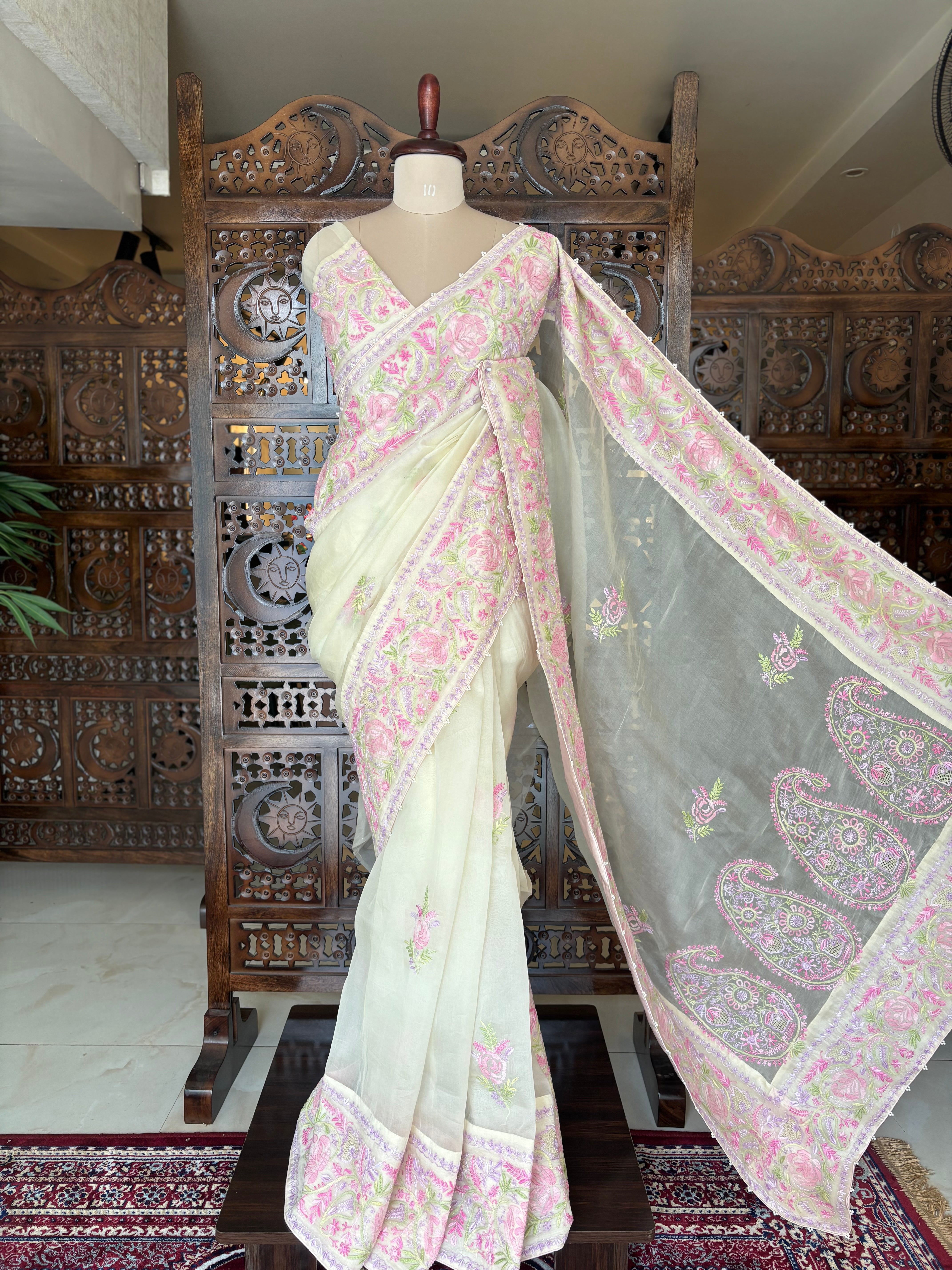 Lime Yellow Organza Silk Chikankari Saree and Blouse