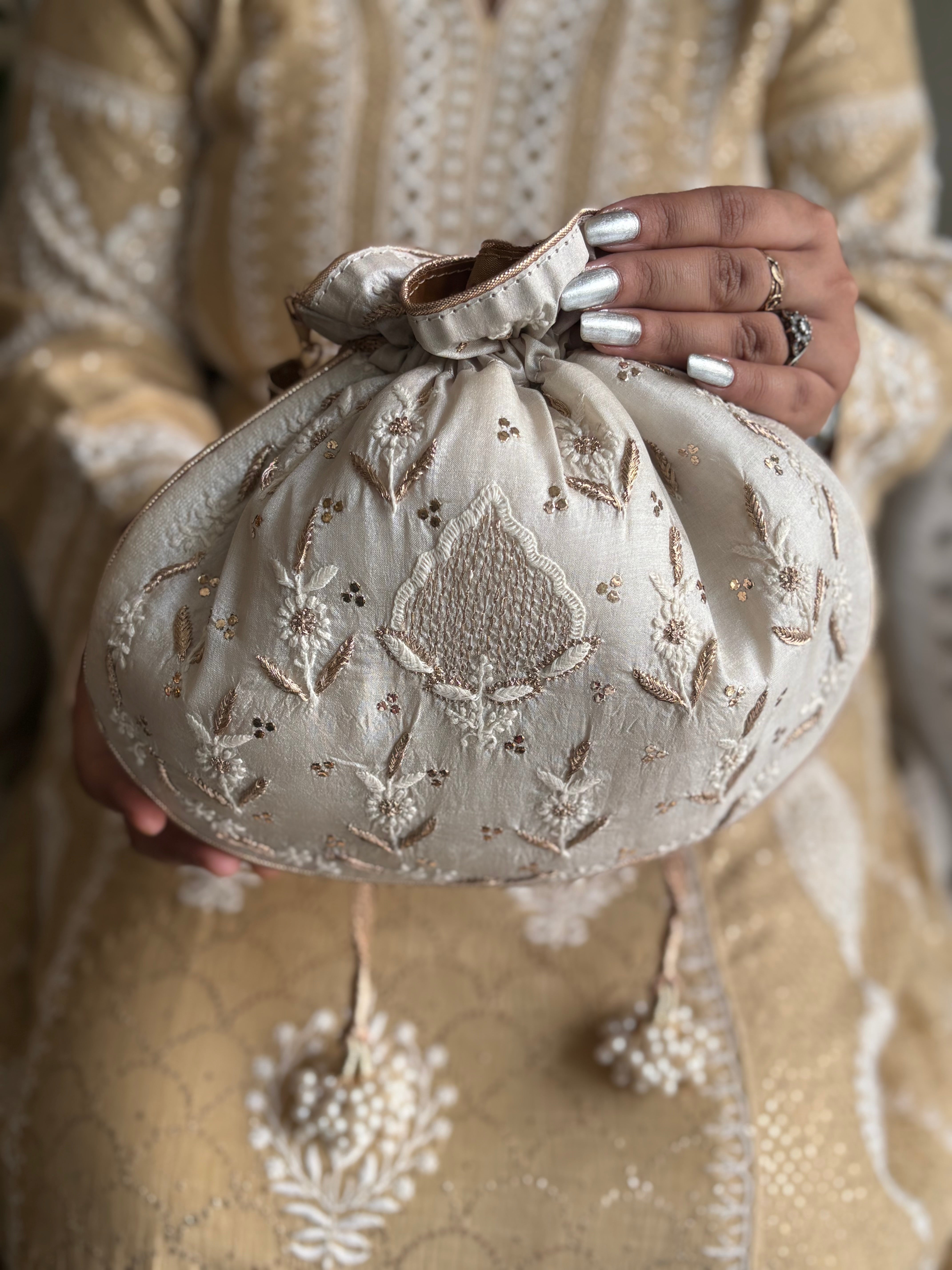 Ivory Silk Chikankari Batua