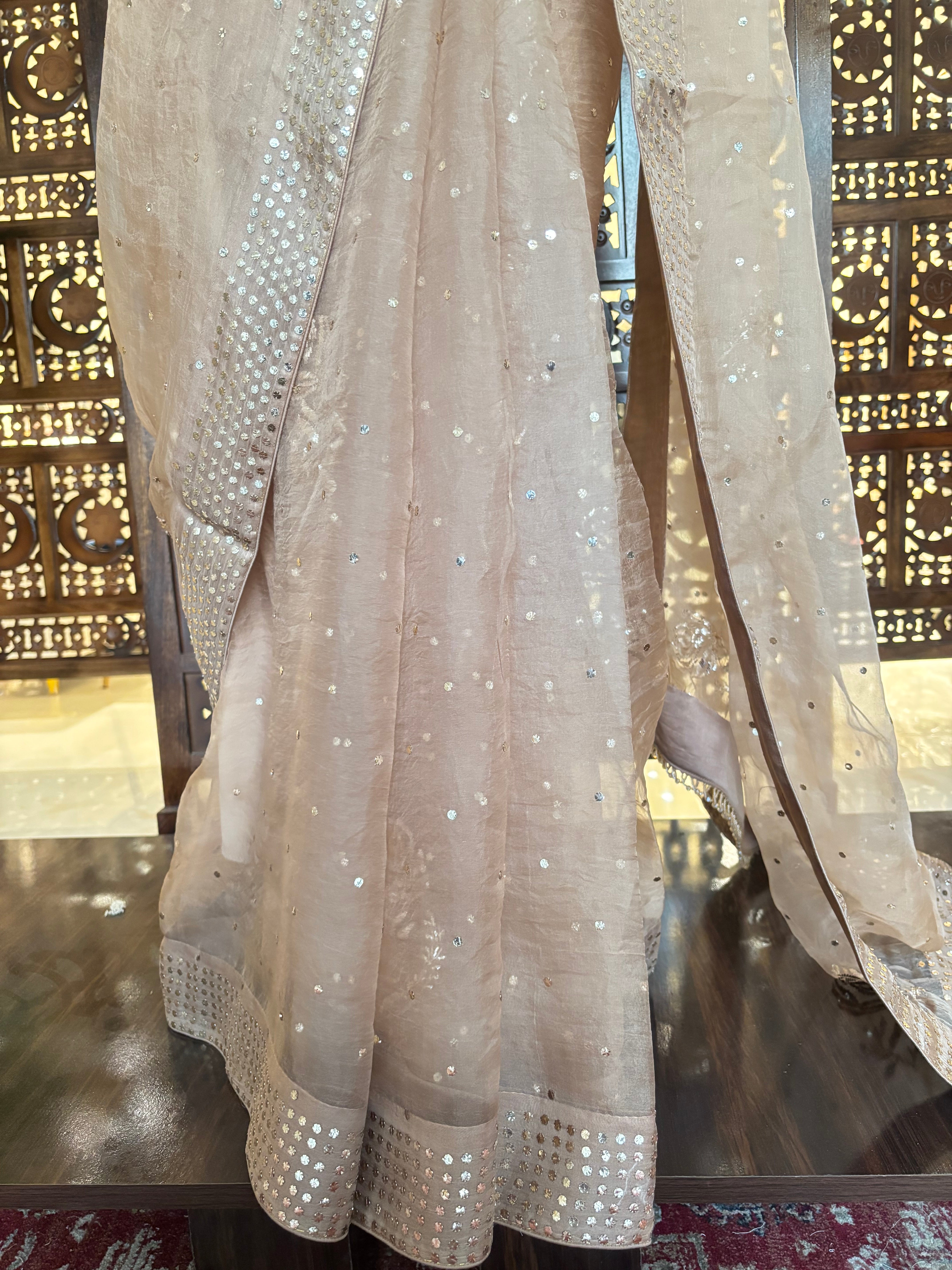 Nude Beige Pure Organza Mukaish Saree
