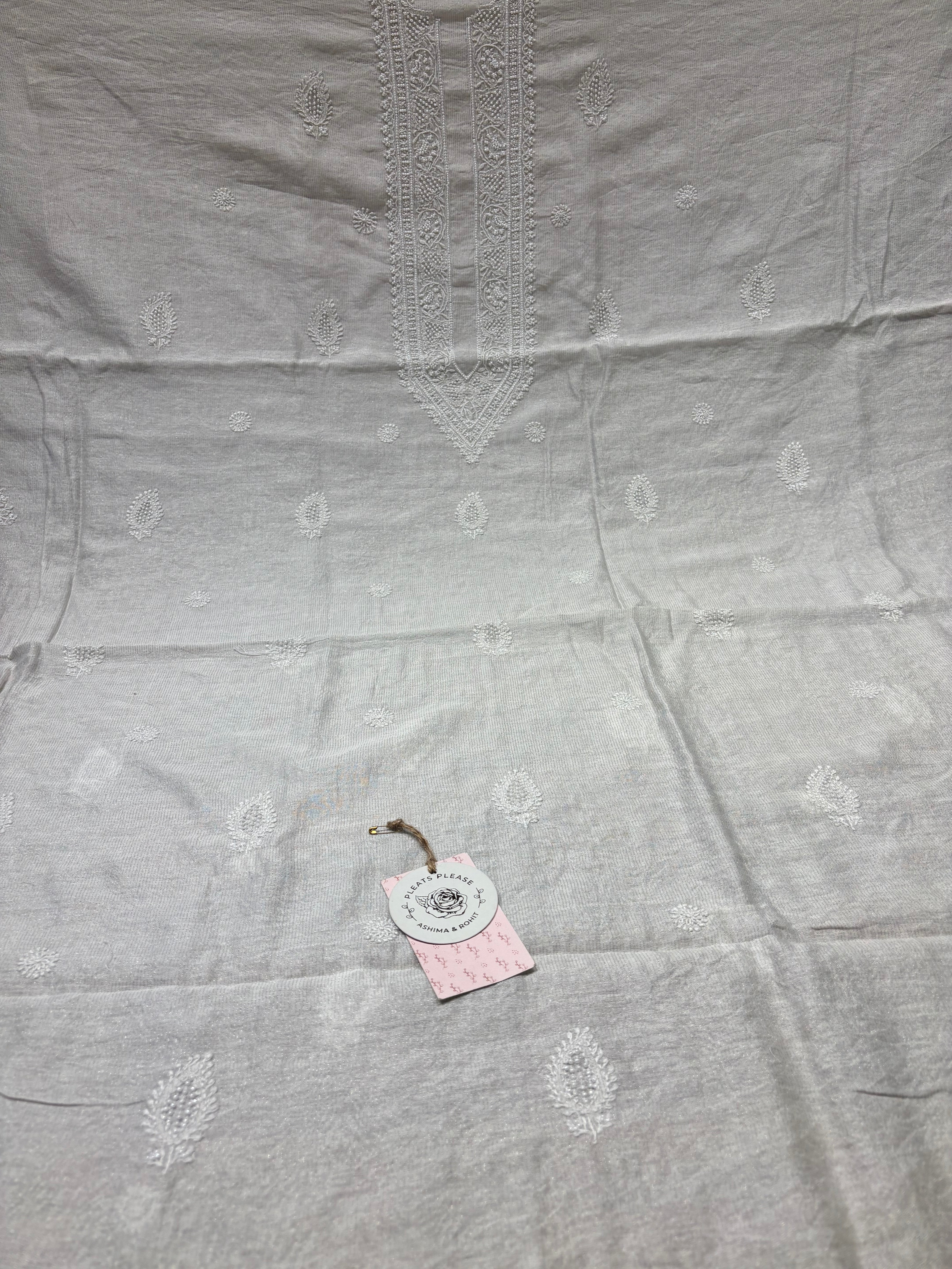 Dyeable Silver Pure And Premium Tissue Chikankari Men’s Kurta Fabric