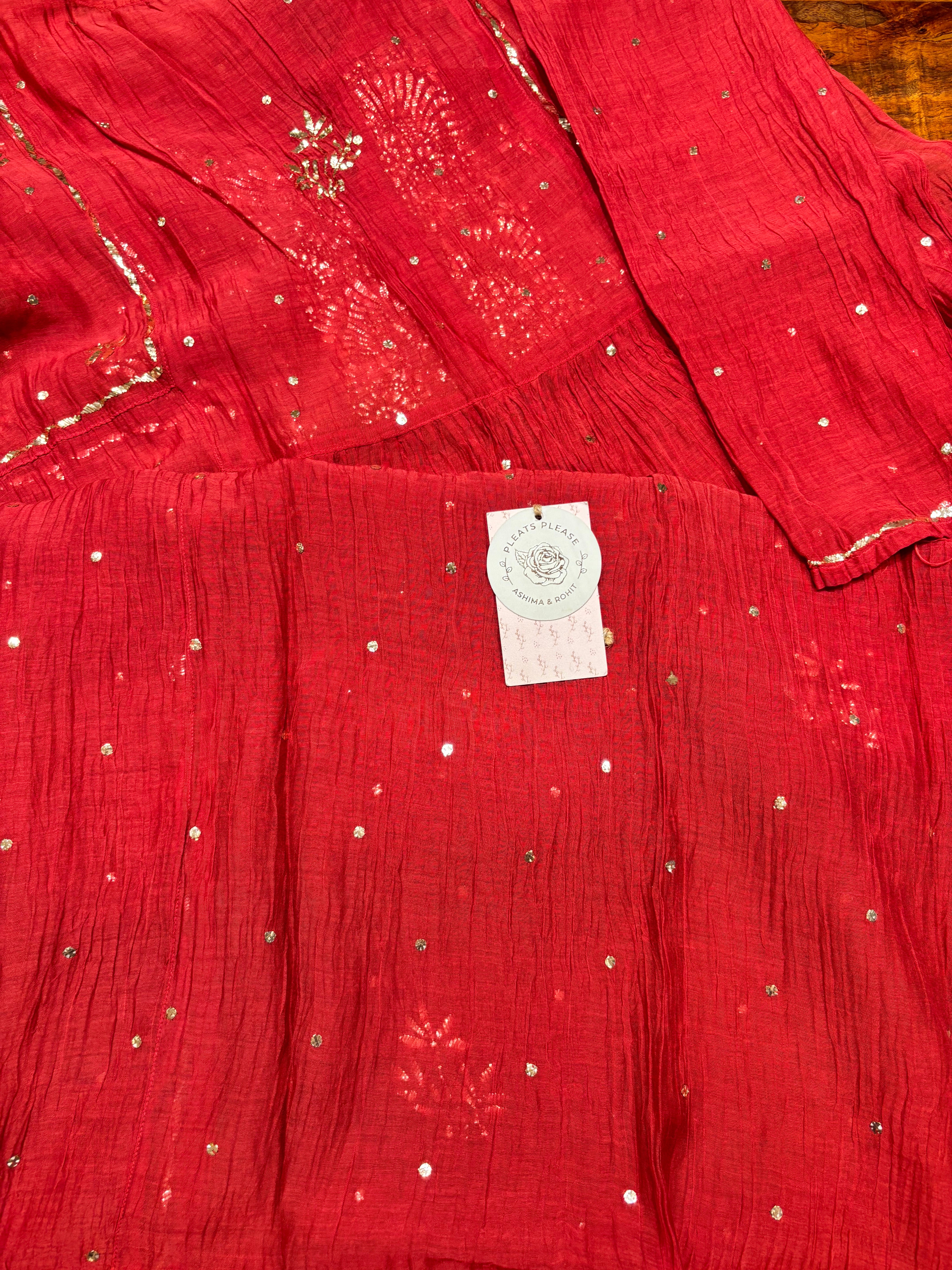 Red Chanderi Mul Mukaish Tunic Kurta and Dupatta Set