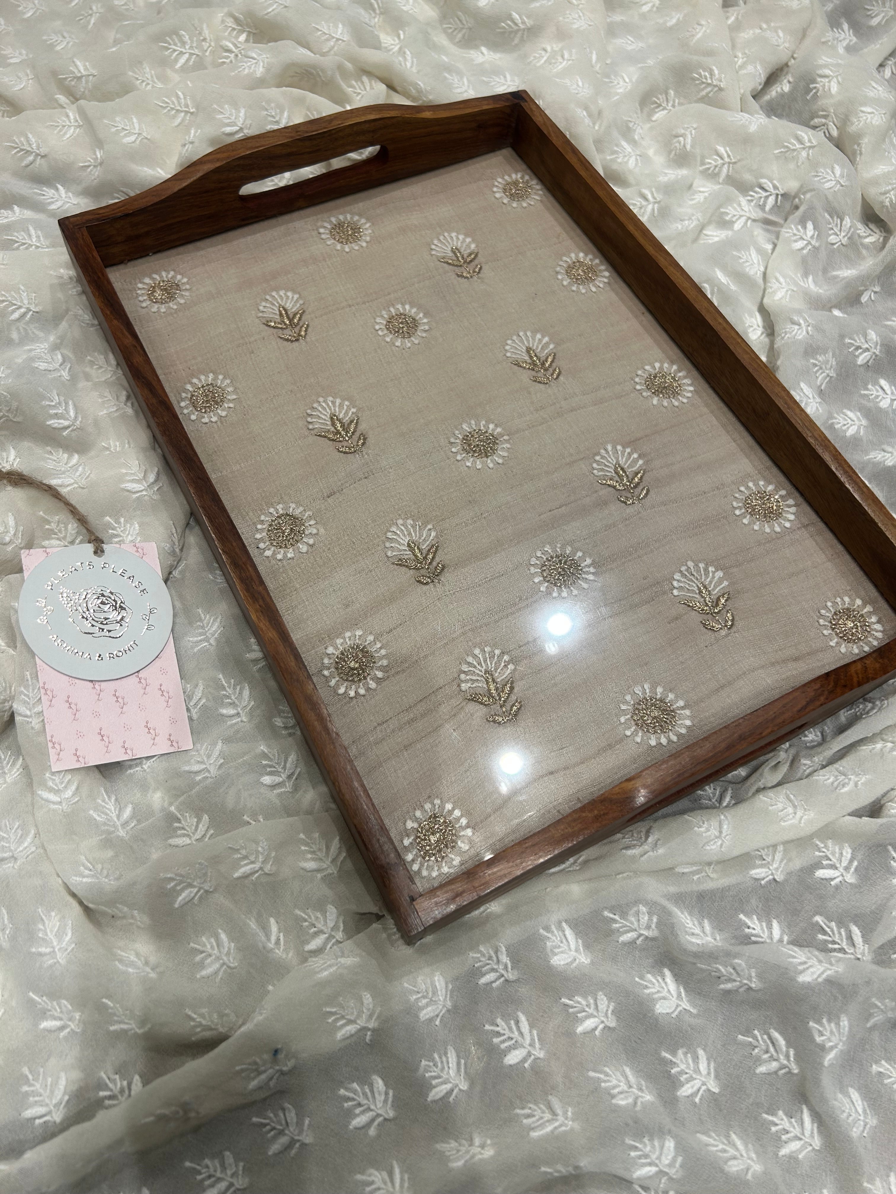 Fawn Silk Rectangle Chikankari Wooden Tray